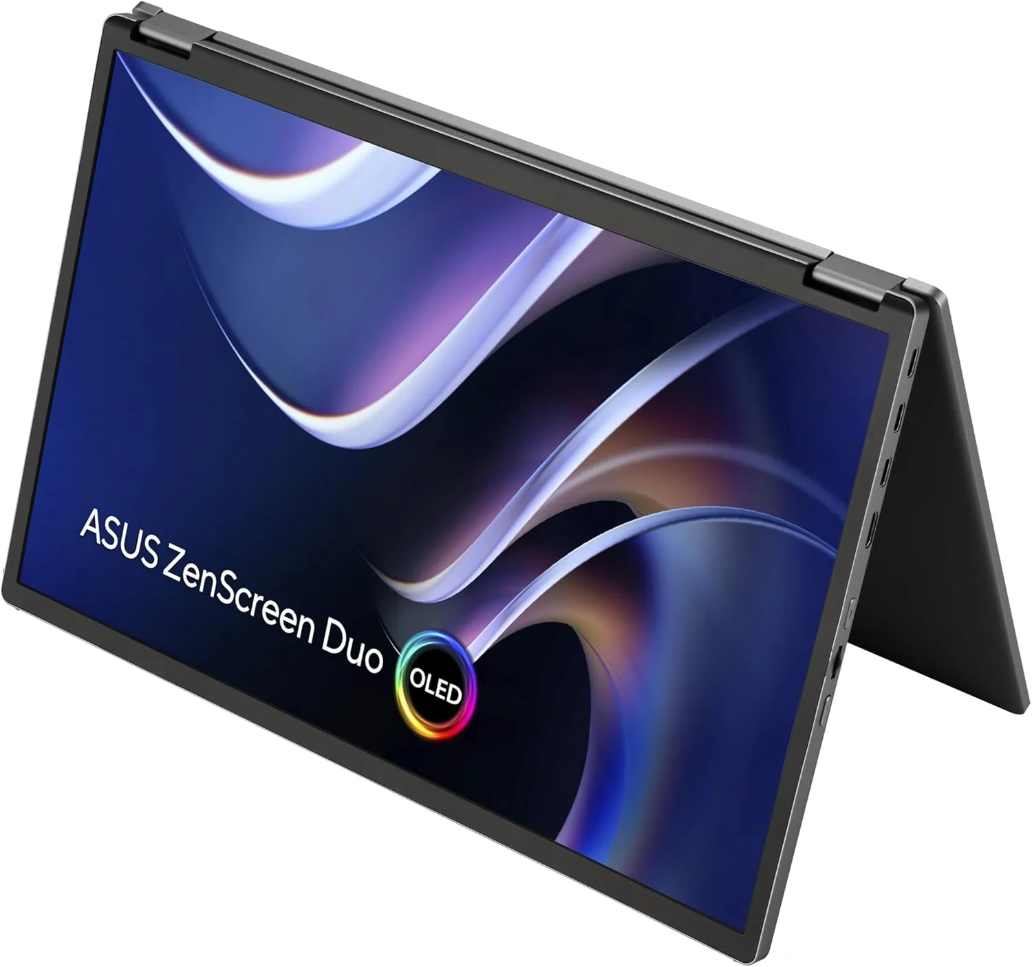 مانیتور قابل حمل تاشو 360 درجه ASUS ZenScreen Duo OLED (MQ149CD) - دوگانه 14 اینچی، 16:10، 1920x1200، DisplayHDR400 True Black، 100% DCI-P3، Delta<2، دو USB-C، Mini-HDMI، پایه نگهدارنده، 3 سال گارانتی