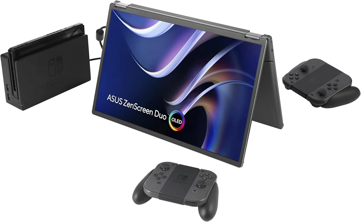 مانیتور قابل حمل تاشو 360 درجه ASUS ZenScreen Duo OLED (MQ149CD) - دوگانه 14 اینچی، 16:10، 1920x1200، DisplayHDR400 True Black، 100% DCI-P3، Delta<2، دو USB-C، Mini-HDMI، پایه نگهدارنده، 3 سال گارانتی