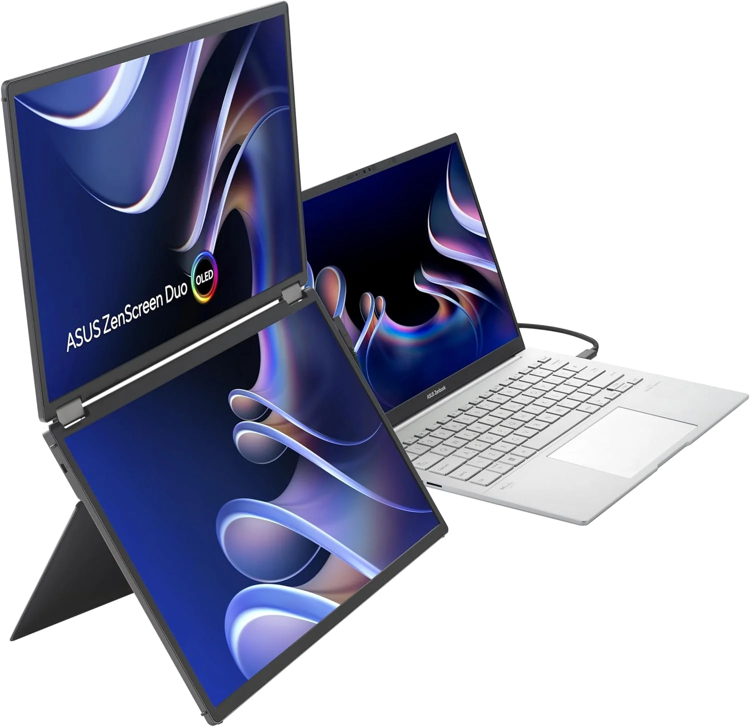 مانیتور قابل حمل تاشو 360 درجه ASUS ZenScreen Duo OLED (MQ149CD) - دوگانه 14 اینچی، 16:10، 1920x1200، DisplayHDR400 True Black، 100% DCI-P3، Delta<2، دو USB-C، Mini-HDMI، پایه نگهدارنده، 3 سال گارانتی
