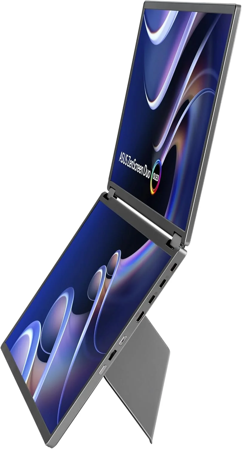 مانیتور قابل حمل تاشو 360 درجه ASUS ZenScreen Duo OLED (MQ149CD) - دوگانه 14 اینچی، 16:10، 1920x1200، DisplayHDR400 True Black، 100% DCI-P3، Delta<2، دو USB-C، Mini-HDMI، پایه نگهدارنده، 3 سال گارانتی