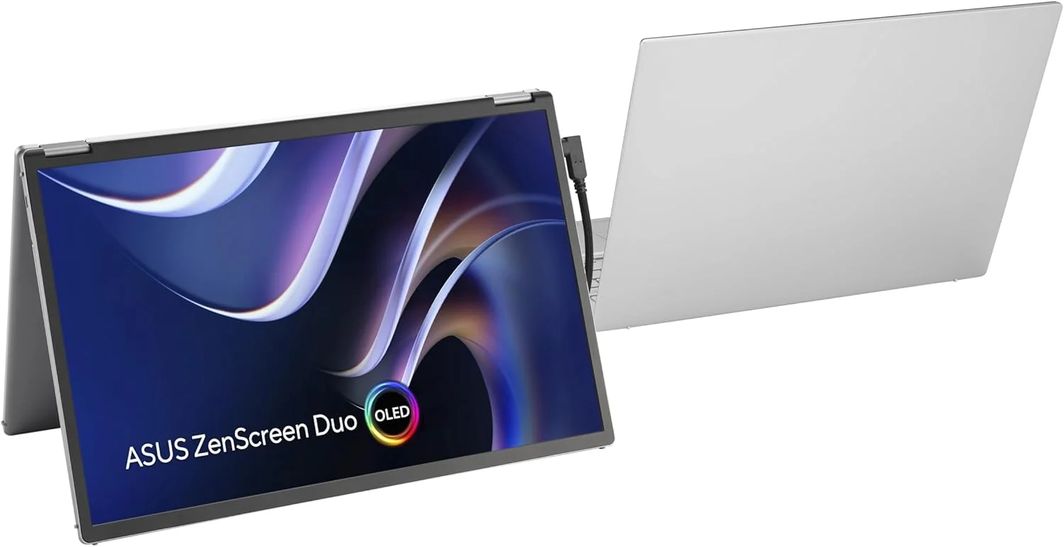 مانیتور قابل حمل تاشو 360 درجه ASUS ZenScreen Duo OLED (MQ149CD) - دوگانه 14 اینچی، 16:10، 1920x1200، DisplayHDR400 True Black، 100% DCI-P3، Delta<2، دو USB-C، Mini-HDMI، پایه نگهدارنده، 3 سال گارانتی