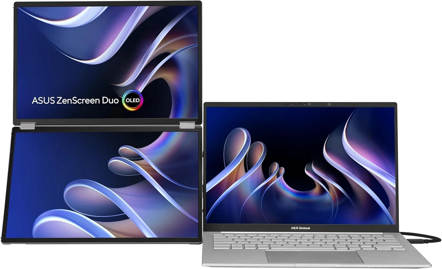 مانیتور قابل حمل تاشو 360 درجه ASUS ZenScreen Duo OLED (MQ149CD) - دوگانه 14 اینچی، 16:10، 1920x1200، DisplayHDR400 True Black، 100% DCI-P3، Delta<2، دو USB-C، Mini-HDMI، پایه نگهدارنده، 3 سال گارانتی