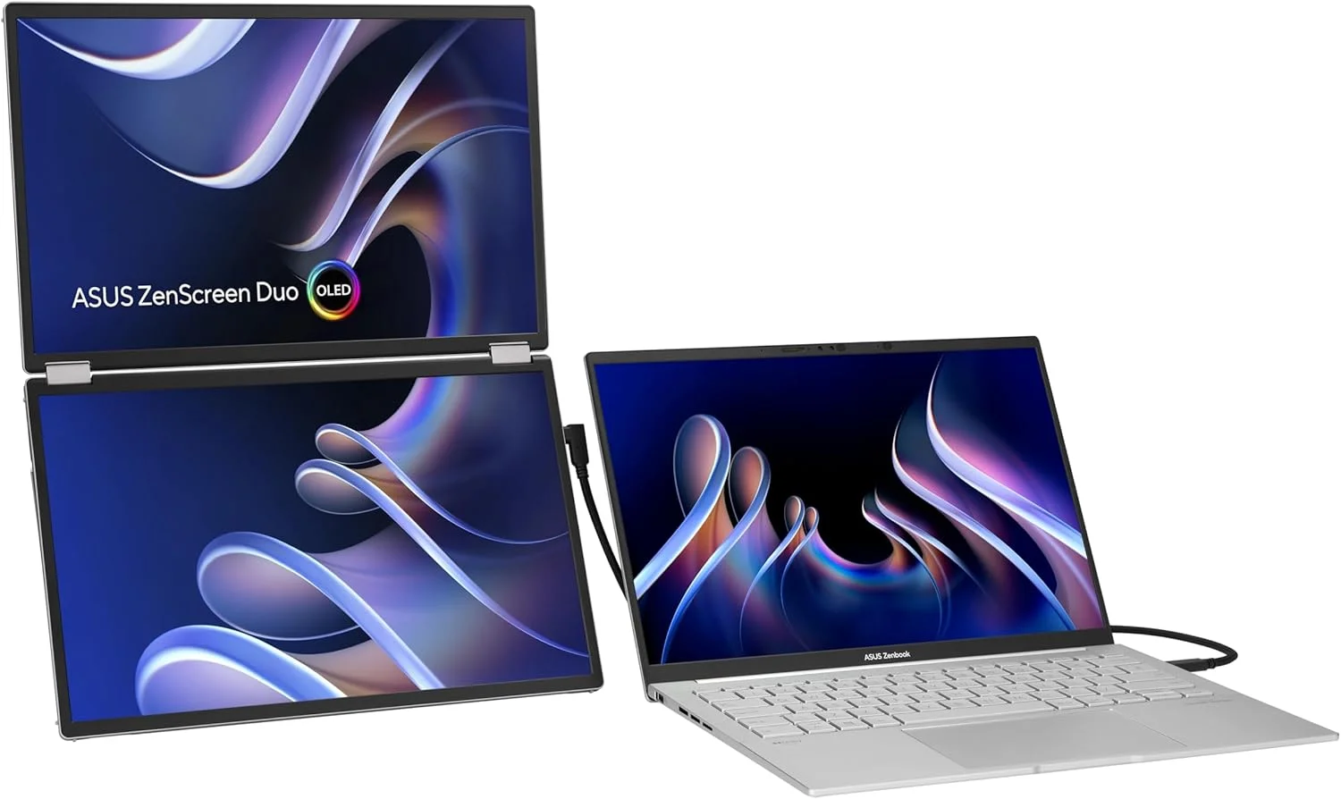 مانیتور قابل حمل تاشو 360 درجه ASUS ZenScreen Duo OLED (MQ149CD) - دوگانه 14 اینچی، 16:10، 1920x1200، DisplayHDR400 True Black، 100% DCI-P3، Delta<2، دو USB-C، Mini-HDMI، پایه نگهدارنده، 3 سال گارانتی