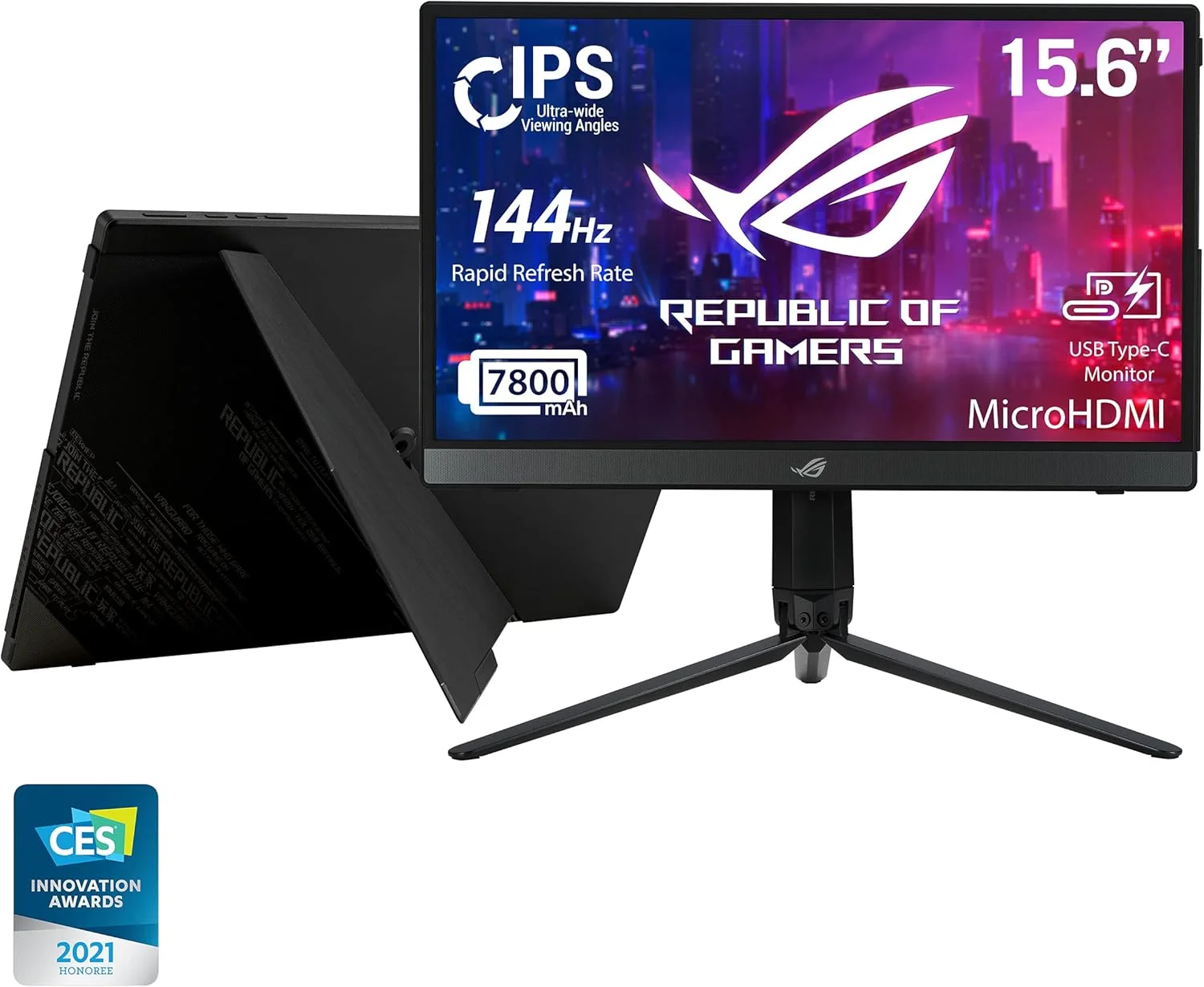 مانیتور گیمینگ قابل حمل 15.6 اینچی ASUS ROG Strix XG16AHP با نرخ نوسازی 144 هرتز FHD (1920 x 1080)، پنل IPS، NVIDIA G-SYNC، ضد تابش نور، باتری 7800 میلی آمپر ساعتی، پایه تاشو، USB Type-C، micro HDMI