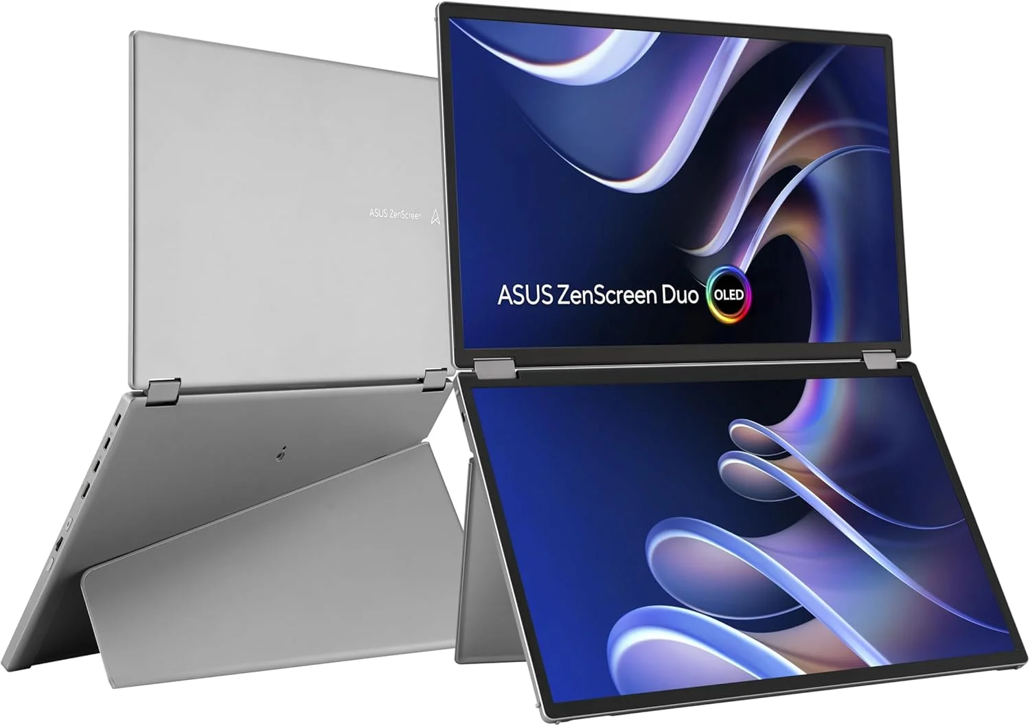 مانیتور قابل حمل تاشو 360 درجه ASUS ZenScreen Duo OLED (MQ149CD) - دوگانه 14 اینچی، 16:10، 1920x1200، DisplayHDR400 True Black، 100% DCI-P3، Delta<2، دو USB-C، Mini-HDMI، پایه نگهدارنده، 3 سال گارانتی