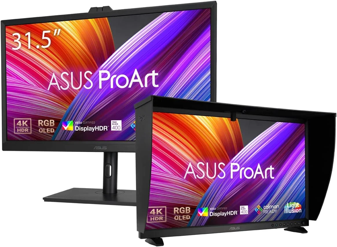 مانیتور حرفه ای ASUS ProArt Display OLED PA32DC – 31.5 اینچ، 4K UHD (3840 x 2160)، 99% DCI-P3، رنگ سنج داخلی، HDR-10، HLG، ΔE < 1، USB-C، HDMI، Calman Ready، یکپارچه سازی ColourSpace