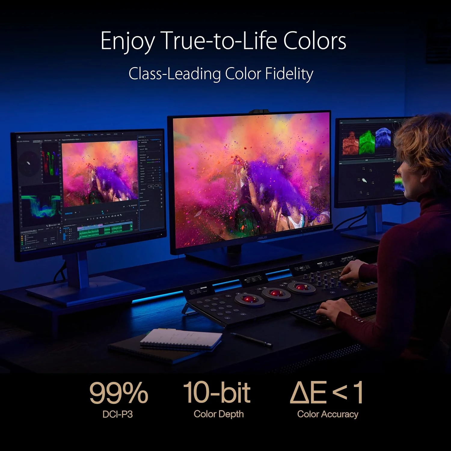 مانیتور حرفه ای ASUS ProArt Display OLED PA32DC – 31.5 اینچ، 4K UHD (3840 x 2160)، 99% DCI-P3، رنگ سنج داخلی، HDR-10، HLG، ΔE < 1، USB-C، HDMI، Calman Ready، یکپارچه سازی ColourSpace