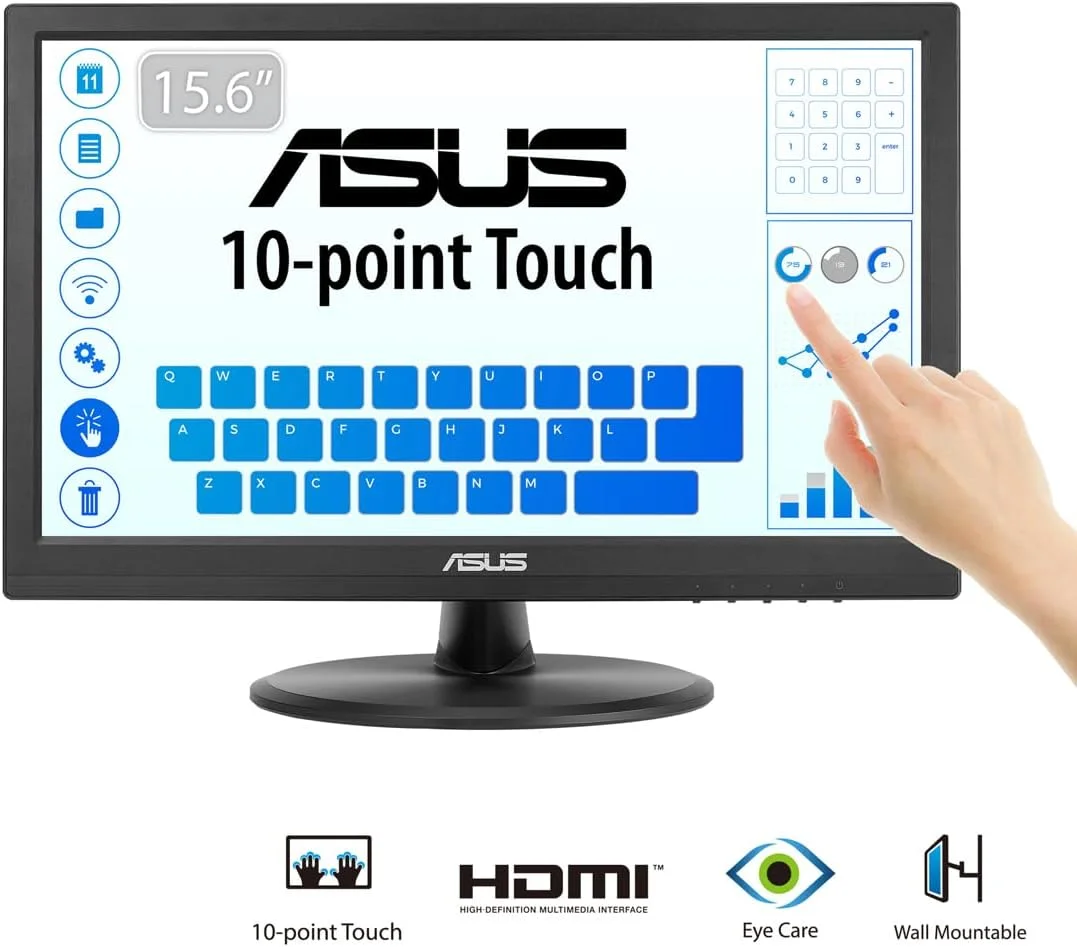 مانیتور لمسی 15.6 اینچی ASUS VT168HR با کیفیت Full HD 1366X768، دارای پورت HDMI و نور پس زمینه LED، رنگ مشکی