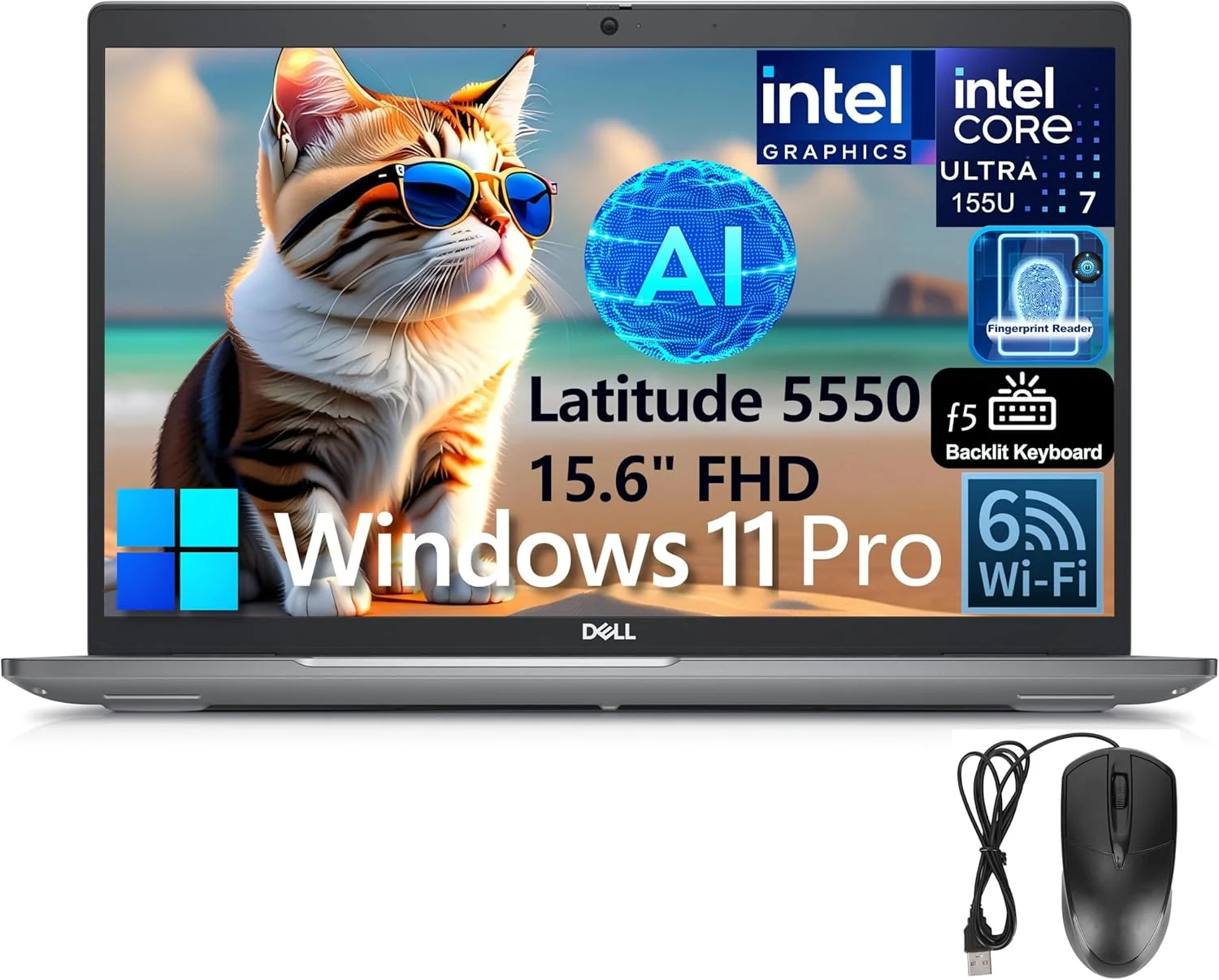 لپ تاپ تجاری هوش مصنوعی Dell Latitude 5550 15، کامپیوتر 15.6 اینچی FHD، پردازنده Intel Ultra 7 155U (بهتر از i7-1355U)، رم 32 گیگابایتی DDR5، حافظه SSD 1 ترابایتی PCIe، WiFi 6، صفحه کلید با نور پس زمینه، حسگر اثر انگشت، ویندوز 11 پرو