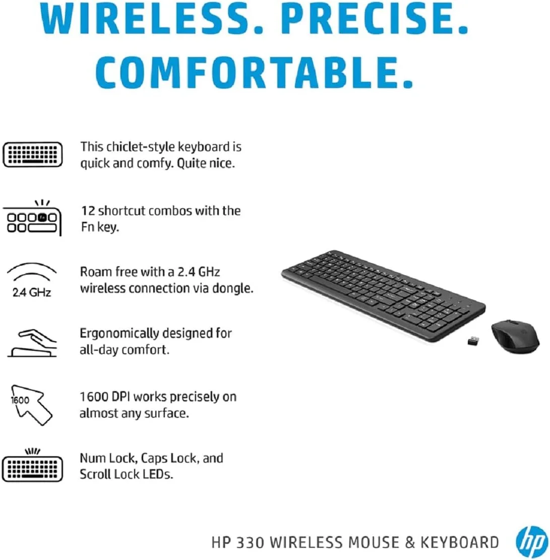 ست کیبورد و ماوس بیسیم مشکی HP 330 با صفحه کلید عددی، اتصال بیسیم 2.4 گیگاهرتز و 1600 DPI، گیرنده USB، نشانگرهای LED، مشکی ست کیبورد و ماوس بیسیم مشکی HP 330 با صفحه کلید عددی، اتصال بیسیم 2.4 گیگاهرتز و 1600 DPI، گیرنده USB، نشانگرهای LED، مشکی
