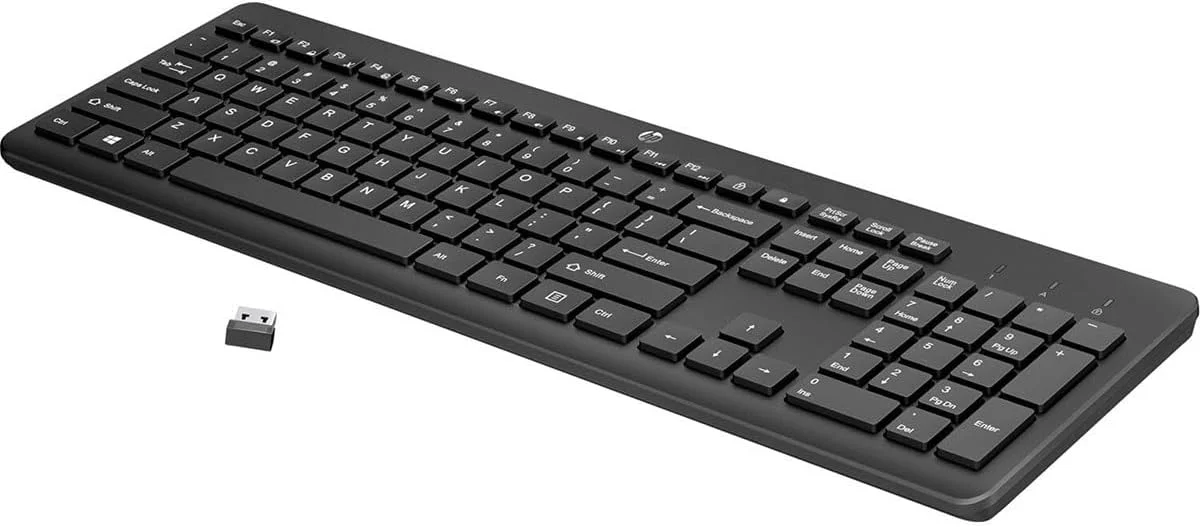 کیبورد بی‌سیم HP 230 - اتصال بلوتوث 2.4 گیگاهرتز - طراحی کم‌ارتفاع و بی‌صدا - سازگار با ویندوز و مک‌اواس - سازگار با لپ‌تاپ و کامپیوتر شخصی - کلیدهای میانبر و نام‌پد - عمر باتری طولانی (‎3L1E7AA#ABA)