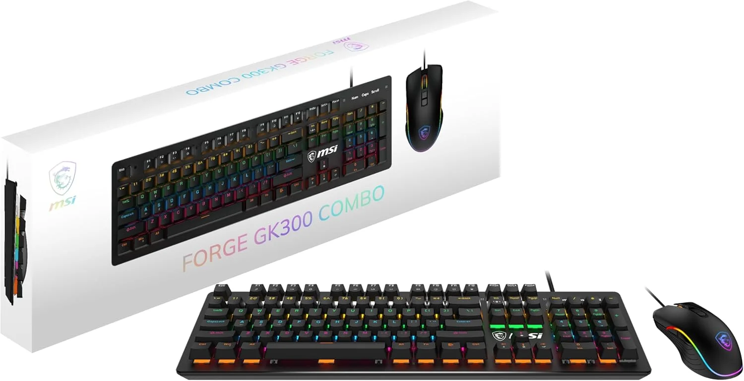ست کیبورد مکانیکی گیمینگ RGB MSI Forge GK300 Combo Blue و ماوس Forge GM300، ضد شبح، سنسور اپتیکال 7200 DPI
