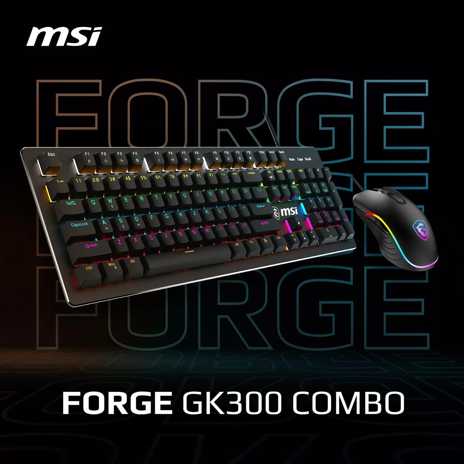 ست کیبورد مکانیکی گیمینگ RGB MSI Forge GK300 Combo Blue و ماوس Forge GM300، ضد شبح، سنسور اپتیکال 7200 DPI