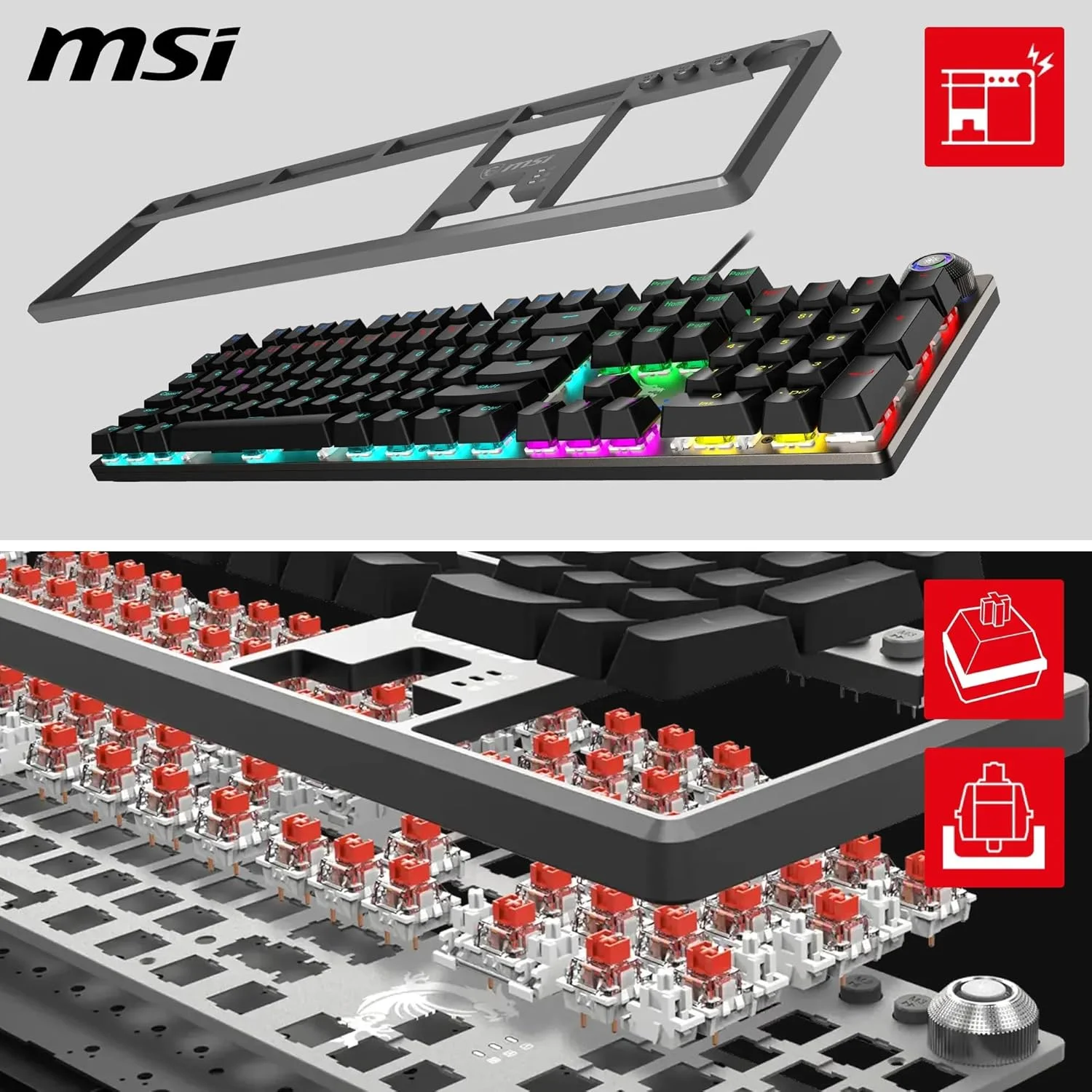 کیبورد گیمینگ مکانیکی MSI Force GK310 FR - AZERTY با سوییچ‌های قرمز قابل تعویض، دکمه‌های ارگونومیک، LED RGB با 20 حالت، روکش مغناطیسی قابل جابجایی USB 2.0 - اندازه کامل