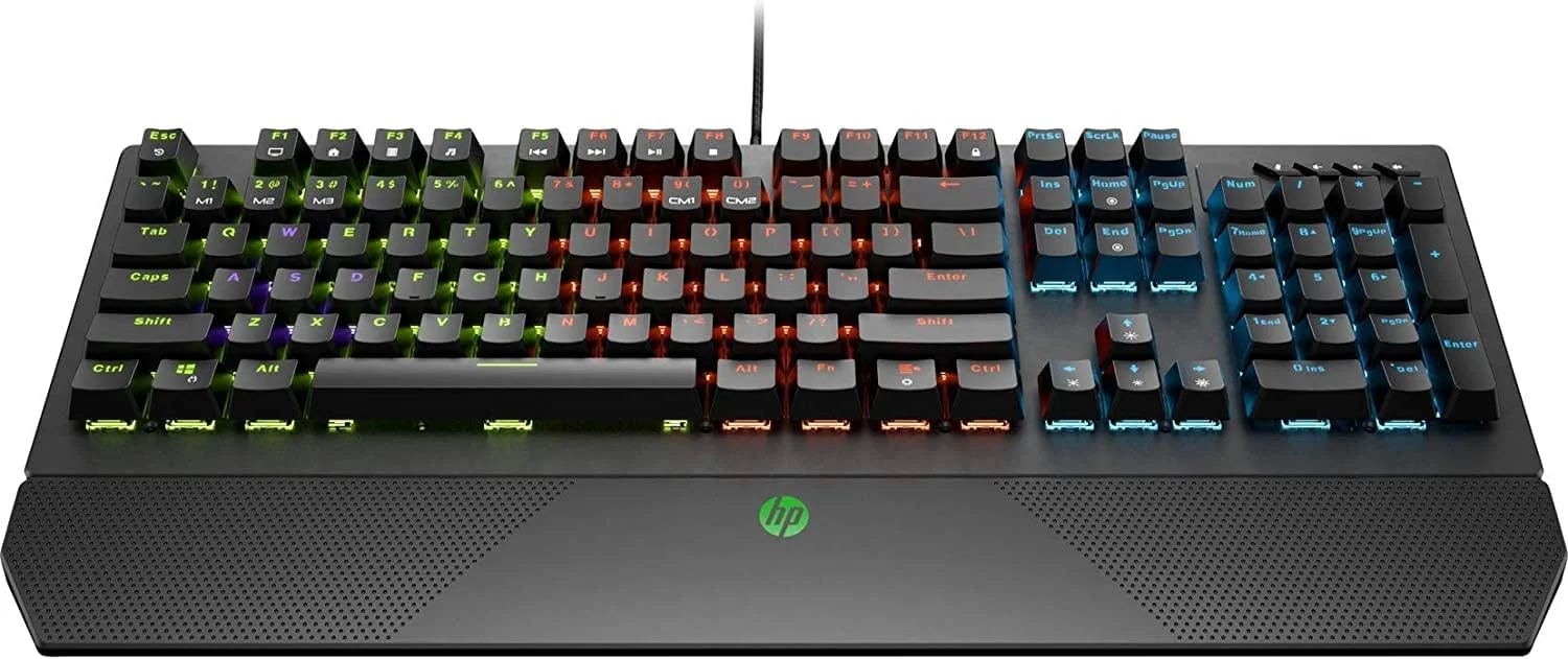 کیبورد گیمینگ مکانیکی سیم دار HP Pavilion 800 با نور پس زمینه LED چهار منطقه ای، Anti-Ghosting N-Key Rollover، کنترل صدا و سوئیچ های مکانیکی قرمز (5JS06AA)
