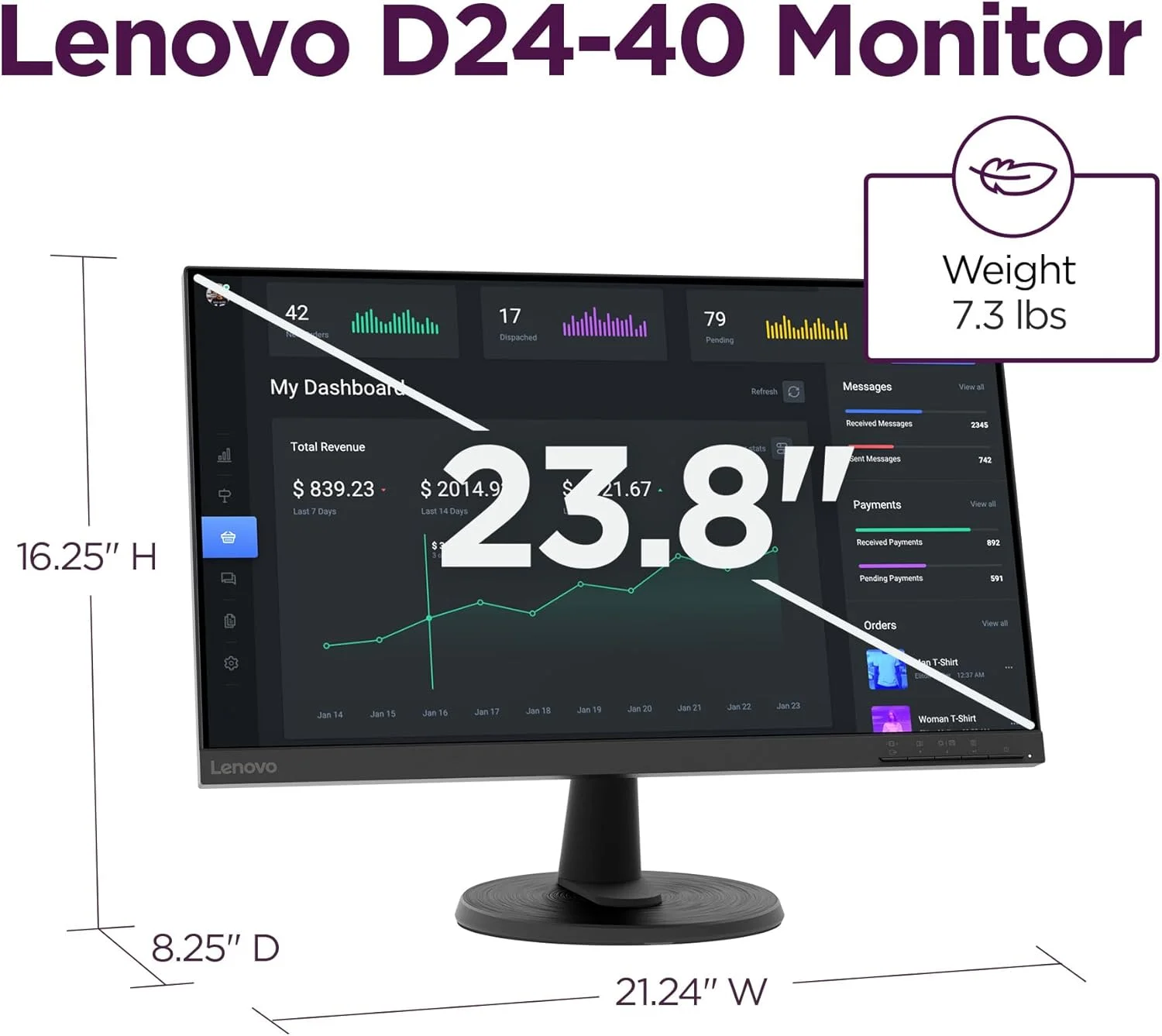 مانیتور لنوو D24-40، نمایشگر 23.8 اینچی FHD، پایه قابل تنظیم، پورت های HDMI و VGA، نرخ تازه سازی 75 هرتز، AMD FreeSync، روشنایی 250 نیت، مشکی کلاغی