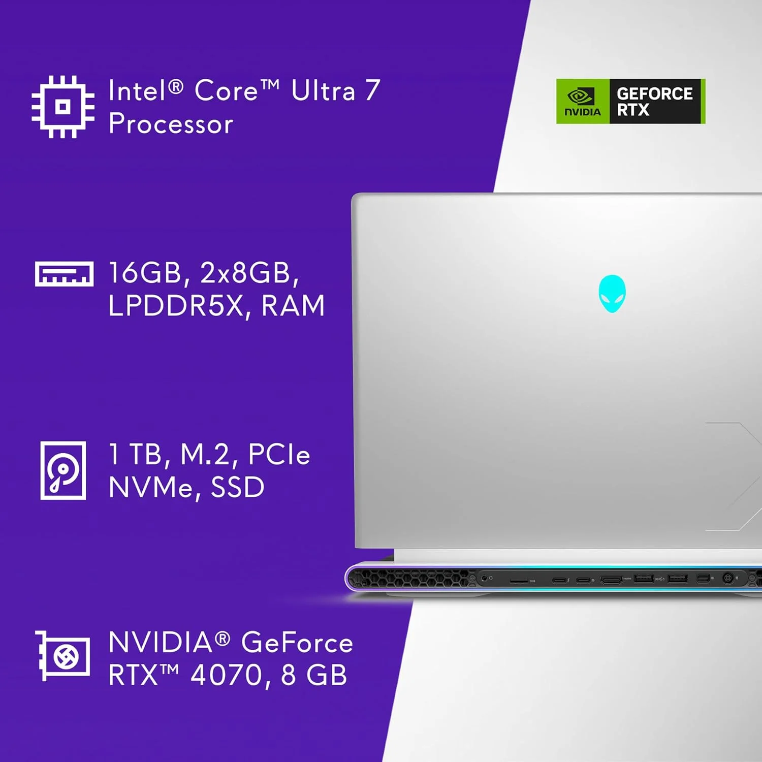 لپ تاپ گیمینگ Alienware X16 R2 - صفحه نمایش 16 اینچی QHD+ 240Hz 3ms، پردازنده Intel Core Ultra 7-155H، رم 16 گیگابایتی LPDDR5X، اس اس دی 1 ترابایتی، کارت گرافیک NVIDIA GeForce RTX 4070 8GB GDDR6، ویندوز 11 هوم، خدمات در محل - نقره ای قمری