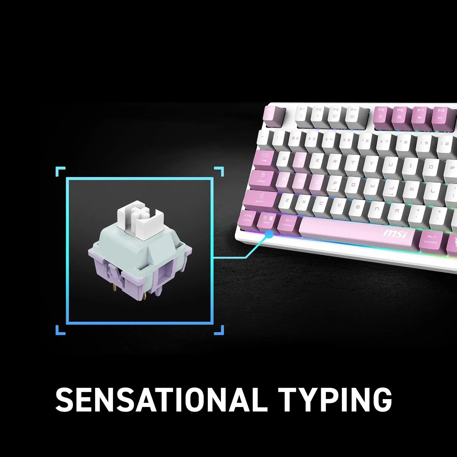 MSI Forge GK600 TKL W Violet US - سوییچ‌های مکانیکی خطی - کلیدهای PBT سابلیمیشن رنگی، پایه ضد لغزش، RGB LED، USB 2.0، بلوتوث، 2.4 گیگاهرتز - بدون صفحه کلید اعداد