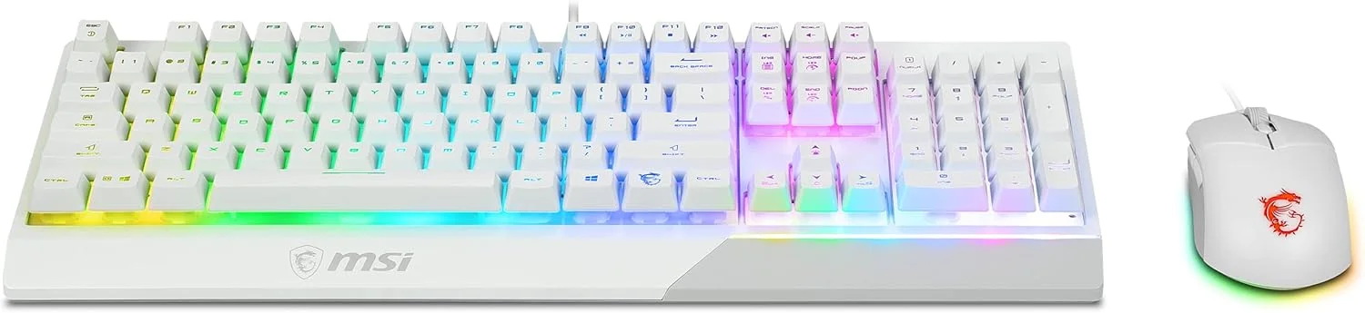 کامبو سفید MSI Vigor GK30 - کیبورد اسپانیایی MSI Vigor GK30 Mekamembrane با نورپردازی RGB گیمینگ سفید و ماوس MSI Clutch GM11 با نورپردازی RGB گیمینگ، سفید