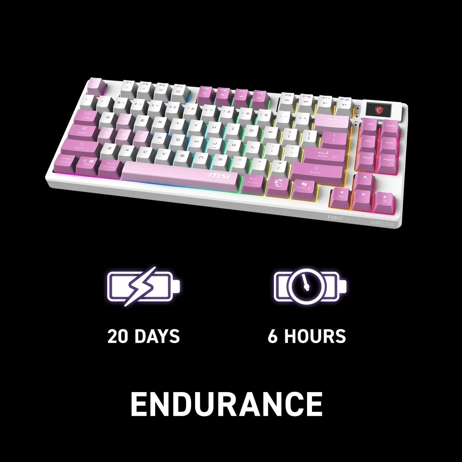 MSI Forge GK600 TKL W Violet US - سوییچ‌های مکانیکی خطی - کلیدهای PBT سابلیمیشن رنگی، پایه ضد لغزش، RGB LED، USB 2.0، بلوتوث، 2.4 گیگاهرتز - بدون صفحه کلید اعداد