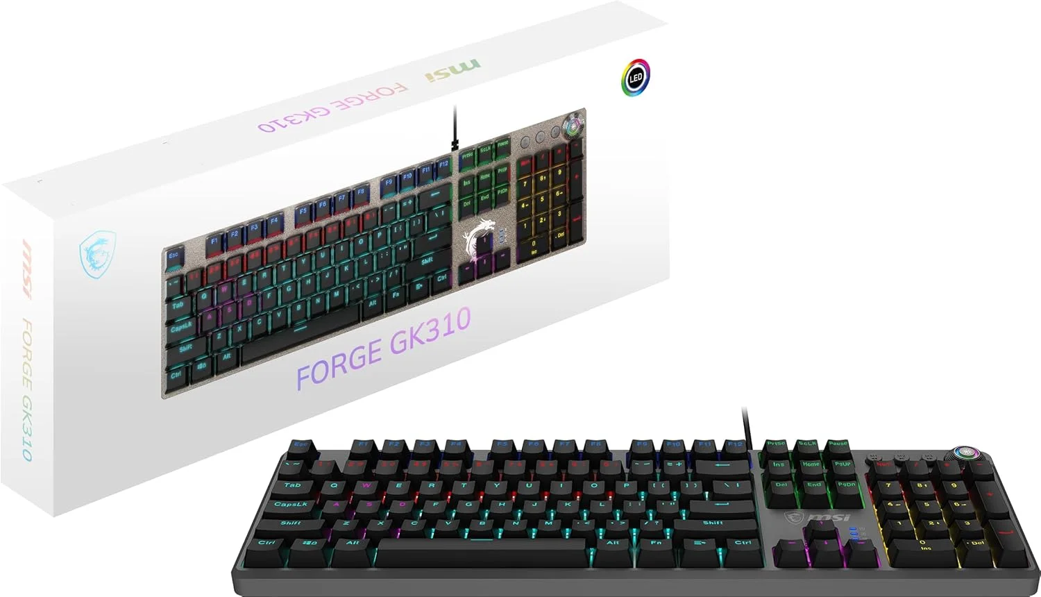 MSI Forge GK310 RED US - کیبورد مکانیکی، سوییچ قرمز، قابلیت تعویض سریع، RGB، ارگونومیک، Anti-GHOSTING، پوشش مغناطیسی بالایی، رسانه هوشمند دوگانه، زاویه قابل تنظیم (مشکی)