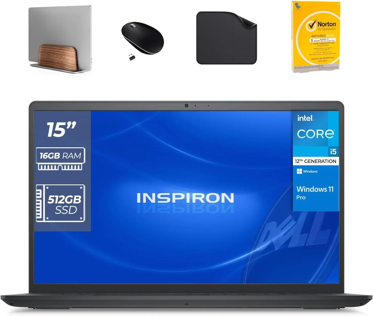 لپ تاپ تجاری DELL Inspiron 3520، نسل دوازدهم Intel i5-1235U، رم 16 گیگابایتی، SSD 512 گیگابایتی، ویندوز 11 پرو (شامل پایه لپ تاپ 1st Wave + ماوس بی سیم + پد ماوس + آنتی ویروس)