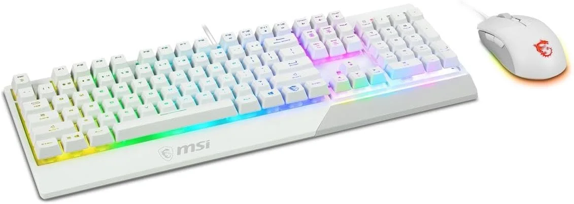 کامبو سفید MSI Vigor GK30، کیبورد گیمینگ GK30 با نورپردازی RGB شش ناحیه‌ای و ماوس گیمینگ GM11، مقاوم در برابر آب و پاشش، 5000 DPI