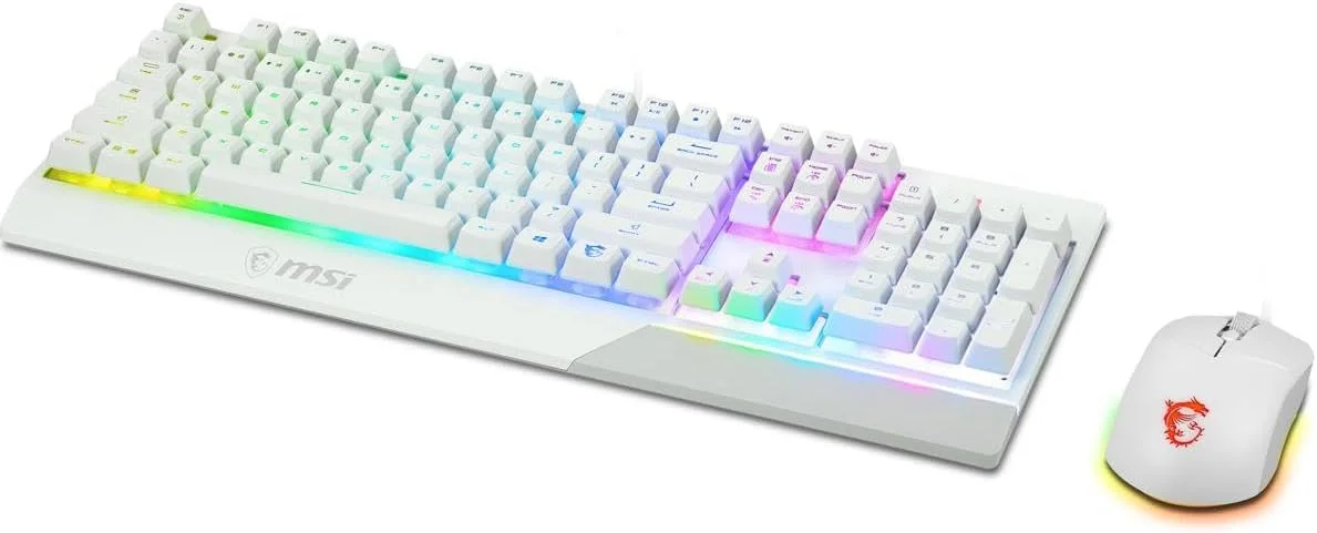 کامبو سفید MSI Vigor GK30، کیبورد گیمینگ GK30 با نورپردازی RGB شش ناحیهای و ماوس گیمینگ GM11، مقاوم در برابر آب و پاشش، 5000 DPI کامبو سفید MSI Vigor GK30، کیبورد گیمینگ GK30 با نورپردازی RGB شش ناحیهای و ماوس گیمینگ GM11، مقاوم در برابر آب و پاشش، 5000 DPI