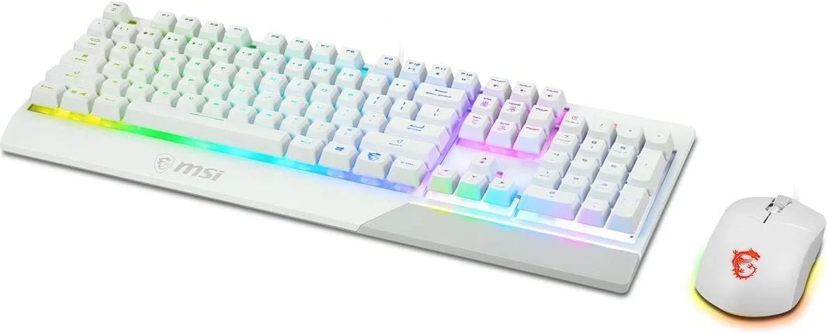 کامبو سفید MSI Vigor GK30، کیبورد گیمینگ GK30 با نورپردازی RGB شش ناحیهای و ماوس گیمینگ GM11، مقاوم در برابر آب و پاشش، 5000 DPI کامبو سفید MSI Vigor GK30، کیبورد گیمینگ GK30 با نورپردازی RGB شش ناحیهای و ماوس گیمینگ GM11، مقاوم در برابر آب و پاشش، 5000 DPI