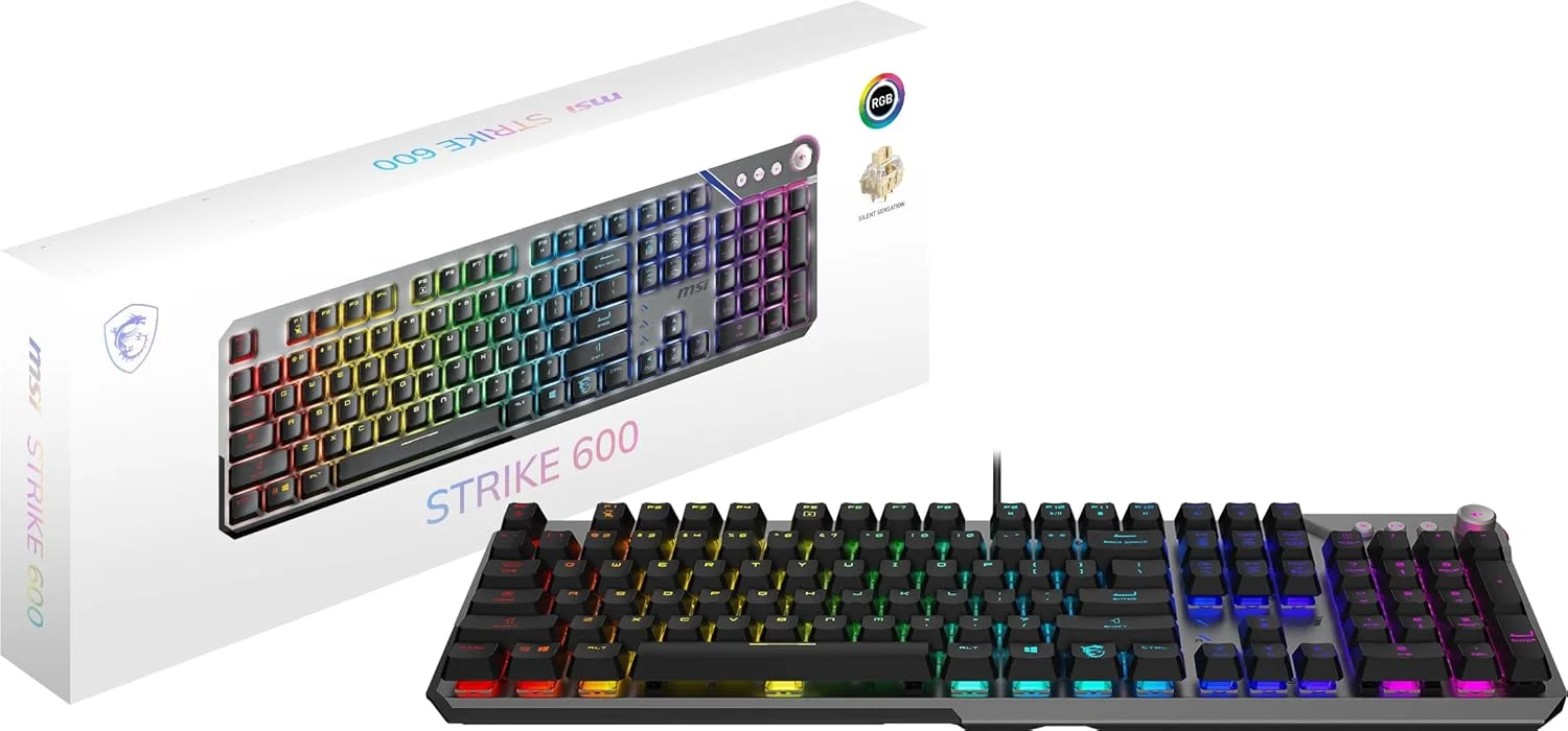 MSI STRIKE 600 - کلیدهای لمسی بی‌صدای KAILH MIDNIGHT PRO - کلیدهای ارگونومیک، پایه ضد لغزش، نورپردازی RGB Mystic برای هر کلید، USB 2.0 - اندازه کامل