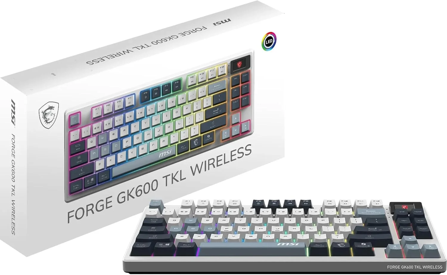 MSI Forge GK600 TKL Wireless Sky - سوییچ‌های مکانیکی خطی - کلیدهای PBT با چاپ سابلیمیشن رنگ، پایه ضد لغزش، RGB LED، USB 2.0، بلوتوث، 2.4GHz - بدون صفحه کلید عددی
