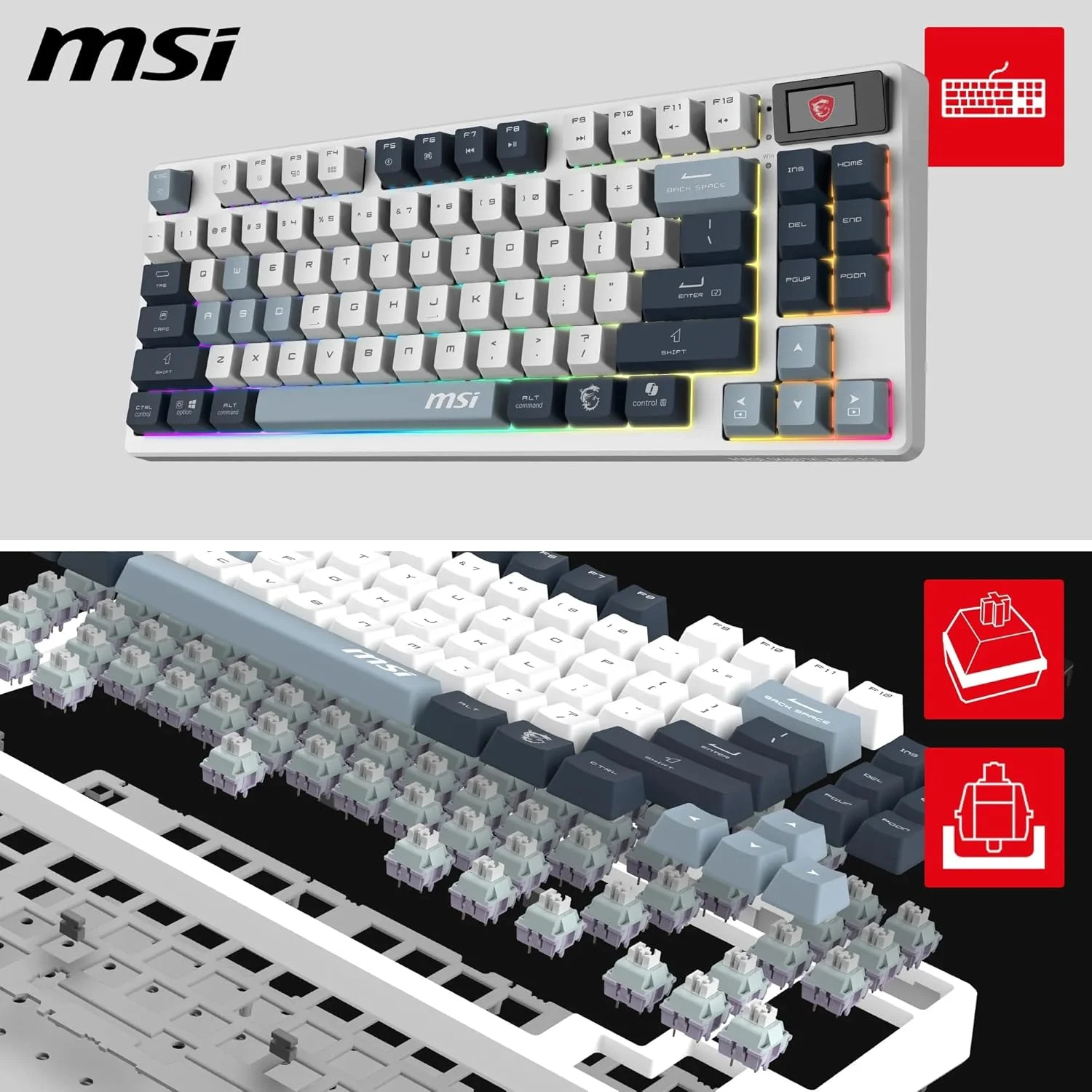 MSI Forge GK600 TKL Wireless Sky - سوییچ‌های مکانیکی خطی - کلیدهای PBT با چاپ سابلیمیشن رنگ، پایه ضد لغزش، RGB LED، USB 2.0، بلوتوث، 2.4GHz - بدون صفحه کلید عددی