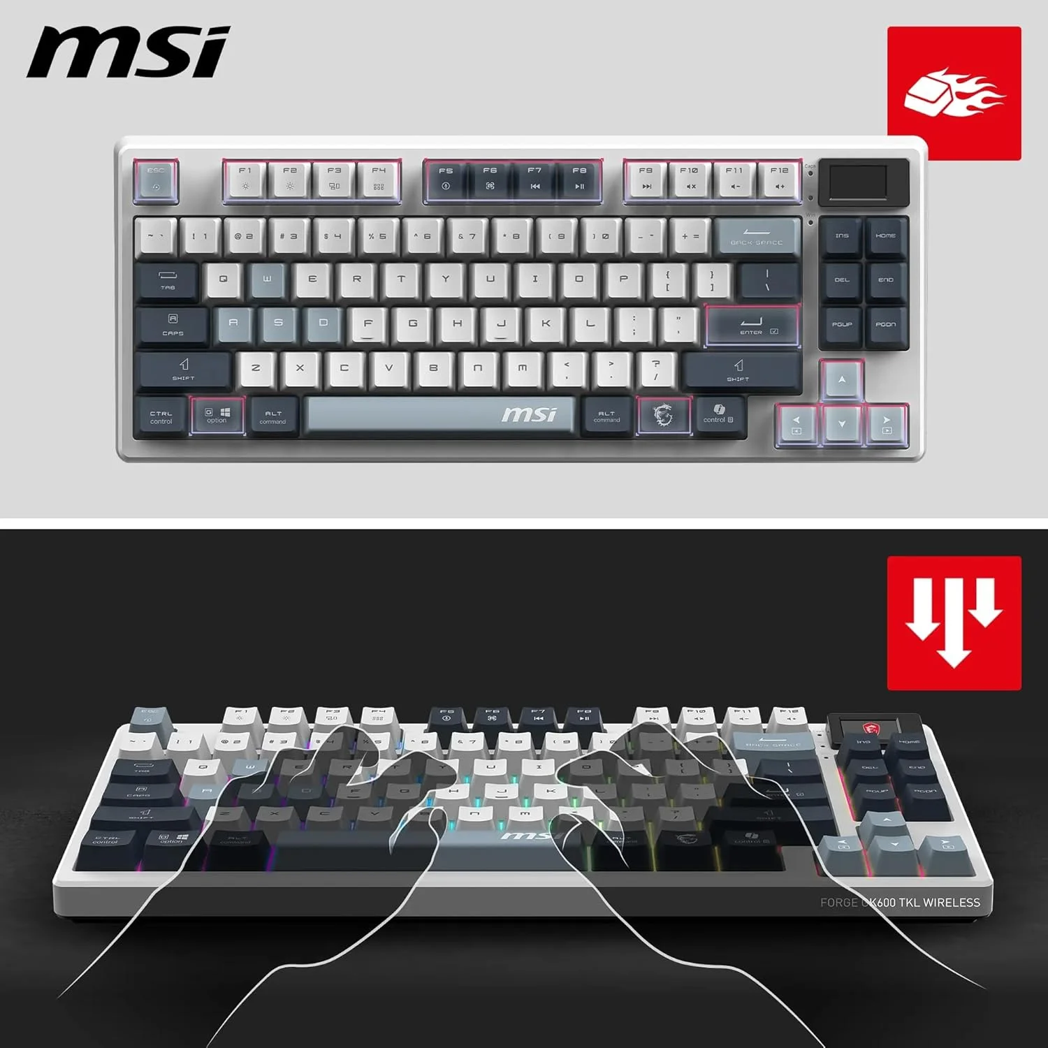 MSI Forge GK600 TKL Wireless Sky - سوییچ‌های مکانیکی خطی - کلیدهای PBT با چاپ سابلیمیشن رنگ، پایه ضد لغزش، RGB LED، USB 2.0، بلوتوث، 2.4GHz - بدون صفحه کلید عددی