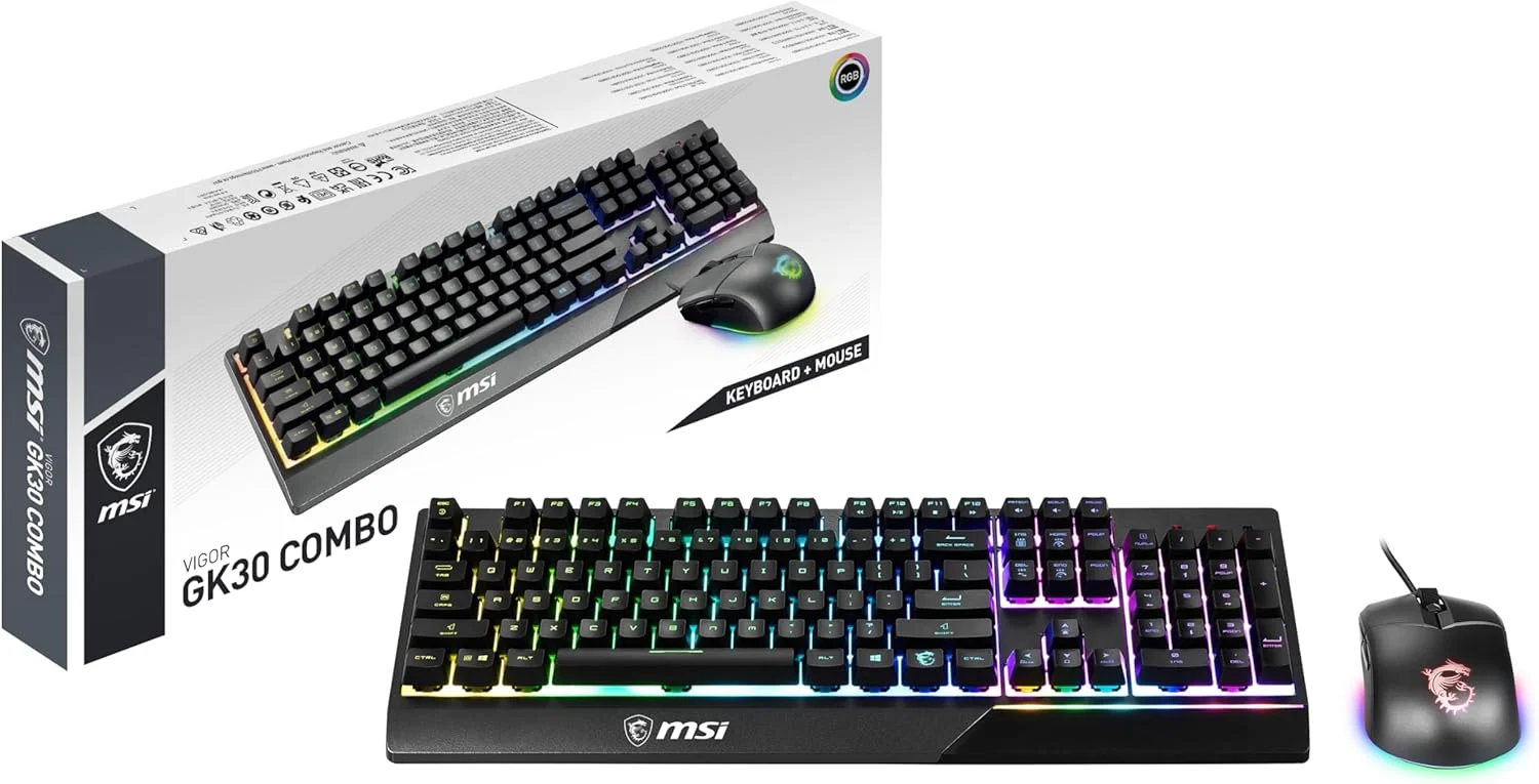 کیبورد گیمینگ نیمه مکانیکی MSI Vigor GK30 IT با نور پس زمینه RGB LED Mystic Light، کیبورد کلید میانبر چند رسانه ای + ماوس سایز کامل مشکی
