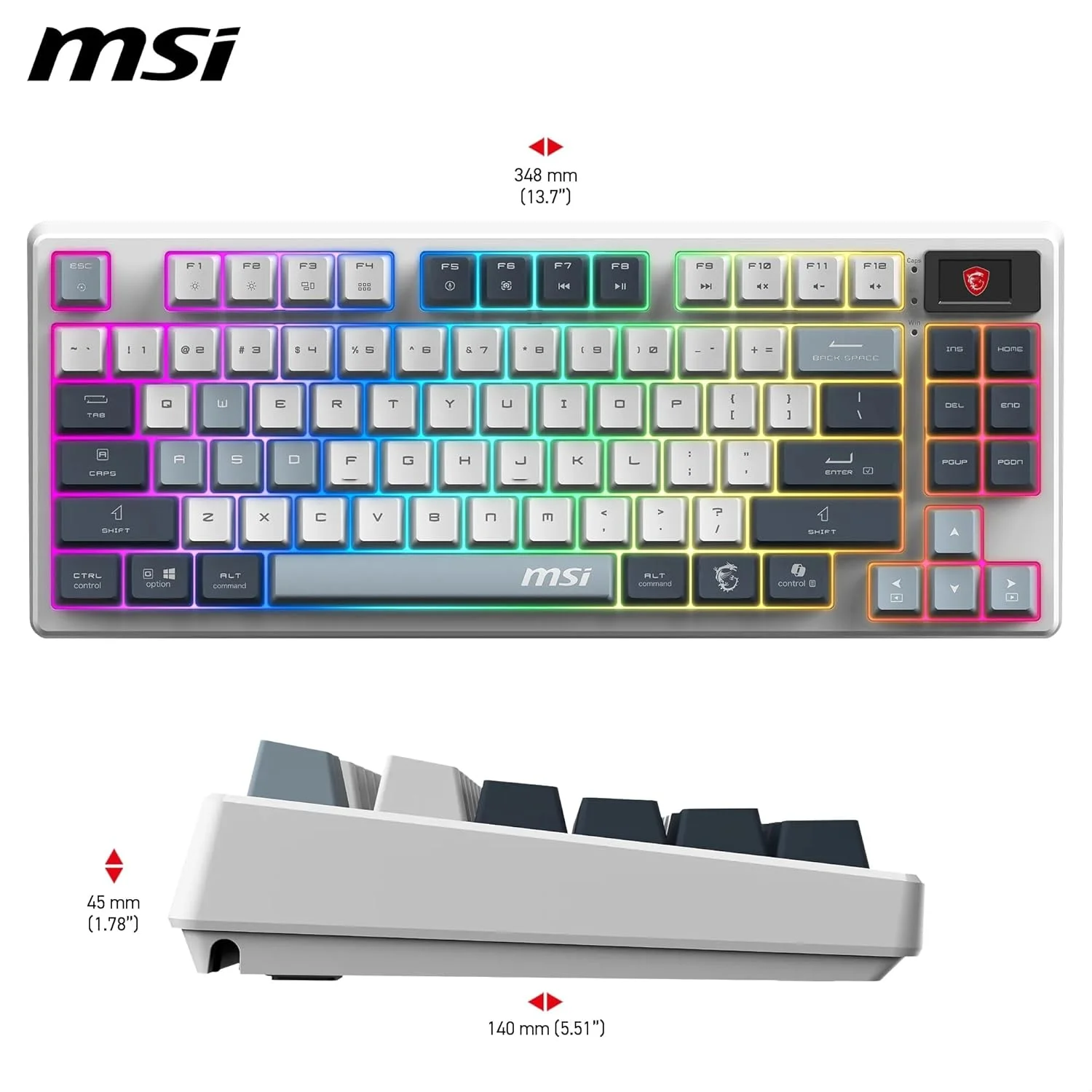 MSI Forge GK600 TKL Wireless Sky - سوییچ‌های مکانیکی خطی - کلیدهای PBT با چاپ سابلیمیشن رنگ، پایه ضد لغزش، RGB LED، USB 2.0، بلوتوث، 2.4GHz - بدون صفحه کلید عددی