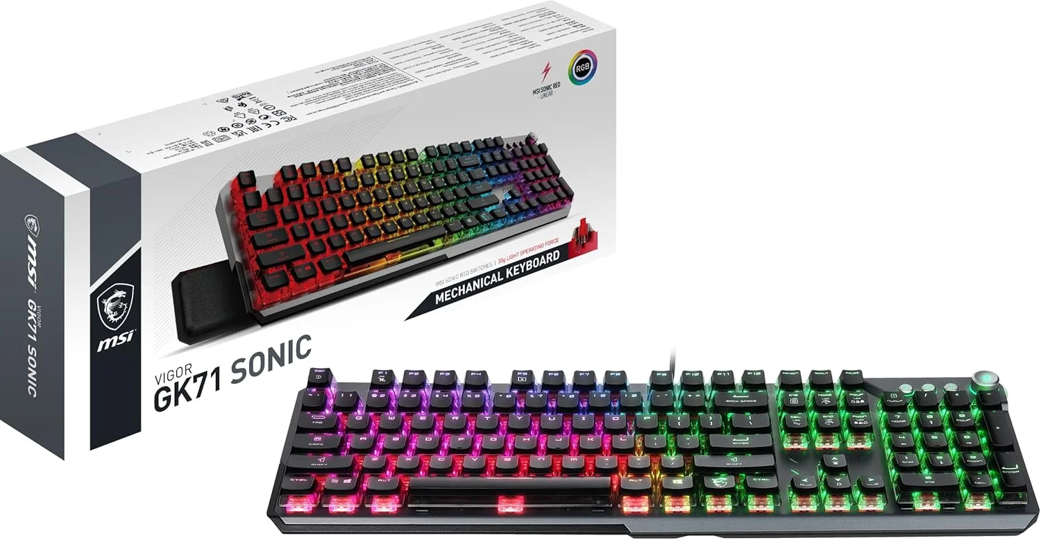 کیبورد گیمینگ MSI VIGOR GK71 SONIC RED US با نورپردازی RGB LED، اتصال USB، سیم دار، مشکی