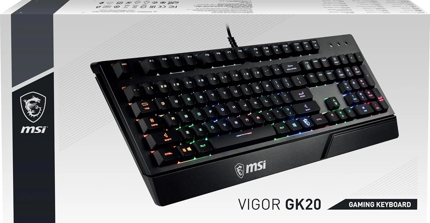 کیبورد گیمینگ MSI با نور پس زمینه RGB، کلیدهای میانبر اختصاصی، ضد شبح، مقاوم در برابر آب (Vigor GK20 US)، مشکی