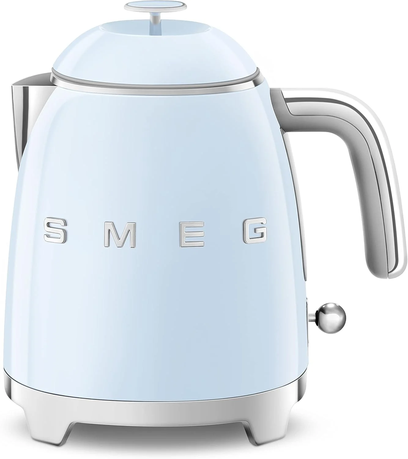 کتری کوچک Smeg Klf05PbUK با طراحی رترو دهه 50، ظرفیت 0.8 لیتر با نشانگر سطح آب، پایه چرخان 360 درجه، پایه‌های ضد لغزش، استیل ضد زنگ، آبی پاستلی، 1 سال گارانتی