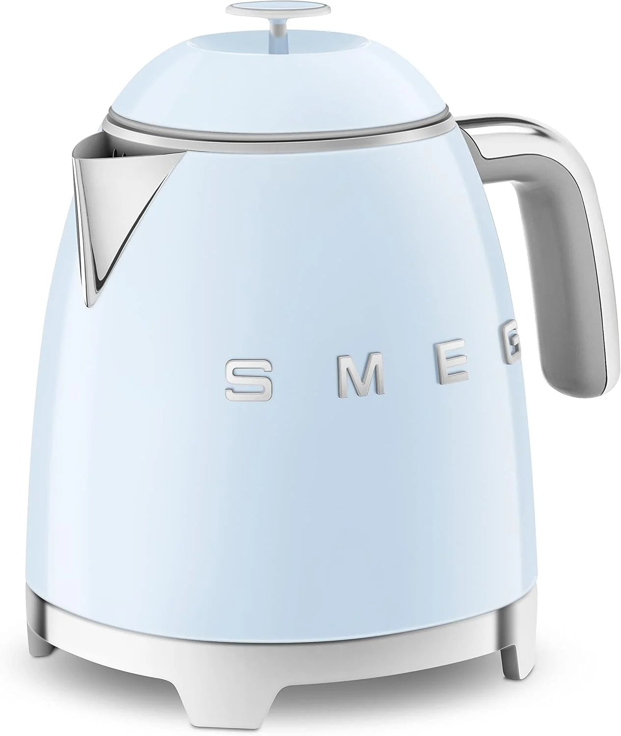 کتری کوچک Smeg Klf05PbUK با طراحی رترو دهه 50، ظرفیت 0.8 لیتر با نشانگر سطح آب، پایه چرخان 360 درجه، پایه‌های ضد لغزش، استیل ضد زنگ، آبی پاستلی، 1 سال گارانتی