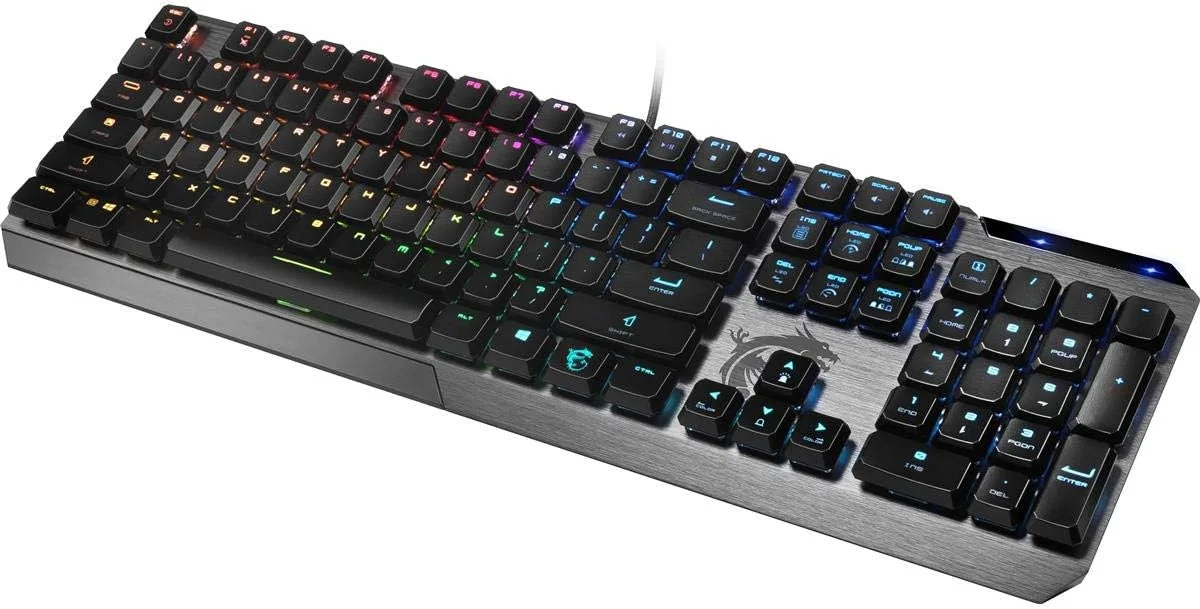 کیبورد گیمینگ مکانیکی نور پس زمینه RGB MSI VIGOR GK50 Low Profile US با کلیدهای Kailh Low Profile، ضد شبح، 104 کلید و بدنه آلومینیومی برس خورده