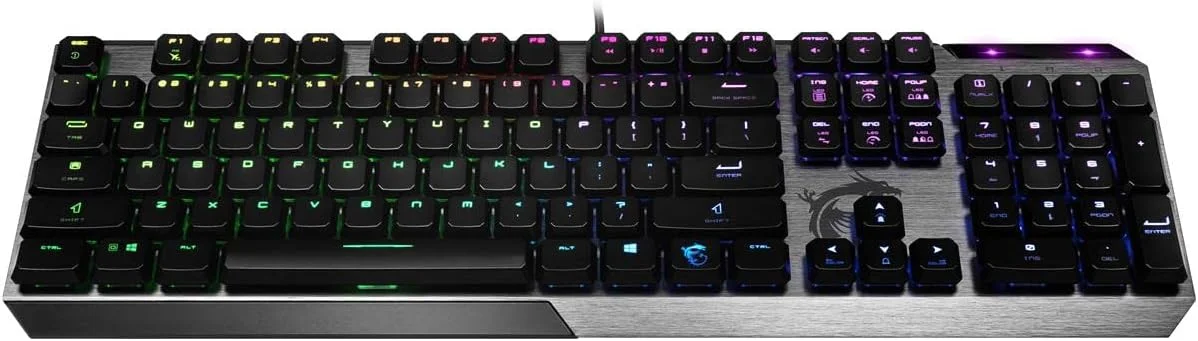 کیبورد گیمینگ مکانیکی نور پس زمینه RGB MSI VIGOR GK50 Low Profile US با کلیدهای Kailh Low Profile، ضد شبح، 104 کلید و بدنه آلومینیومی برس خورده