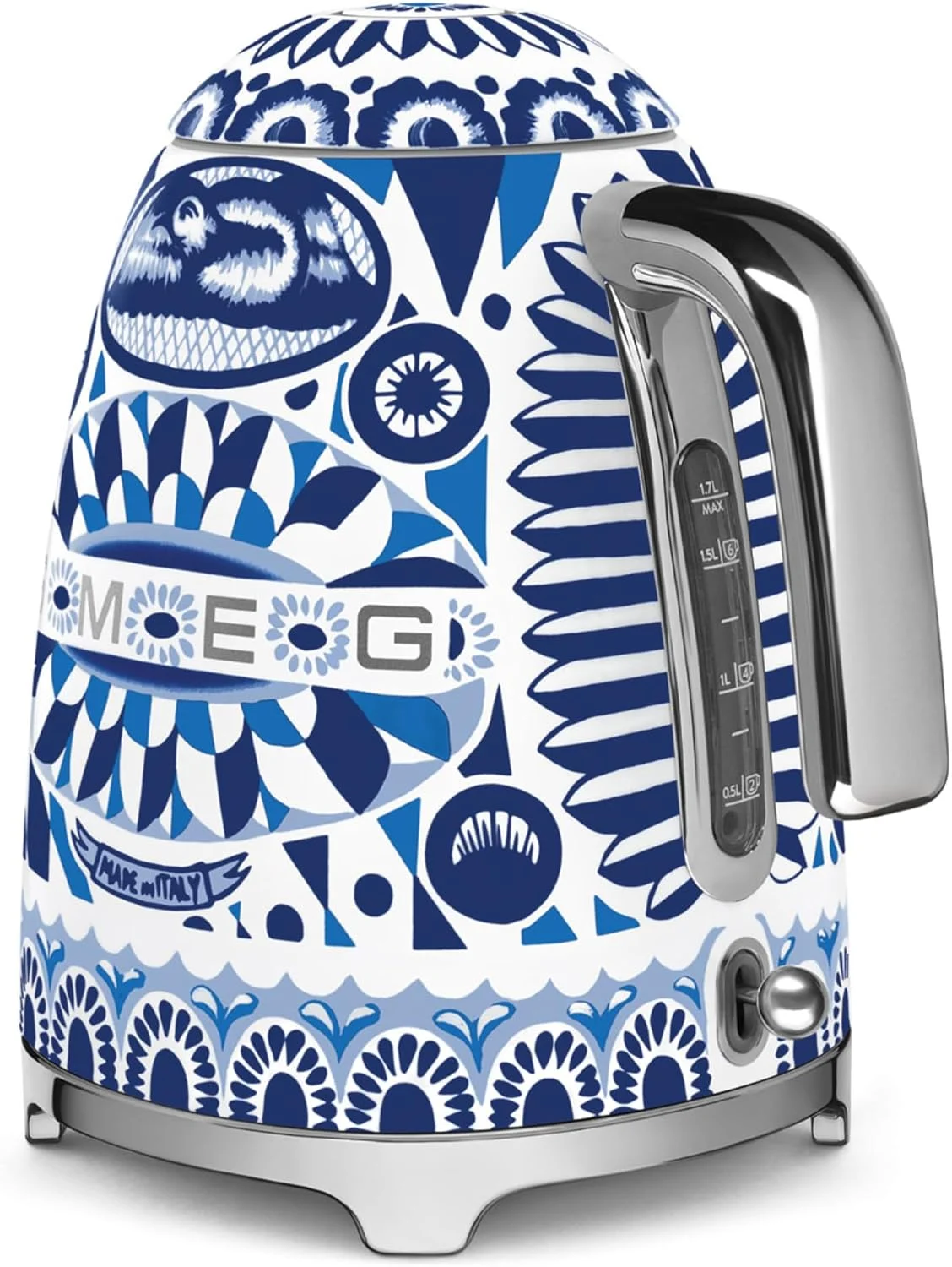 کتری برقی Smeg KLF03DGBUK Dolce & Gabbana، طرح Sicily My Love، ظرفیت 1.7 لیتر با نشانگر سطح آب، پایه چرخان 360 درجه، استیل ضد زنگ، آبی مدیترانه ای، 1 سال گارانتی