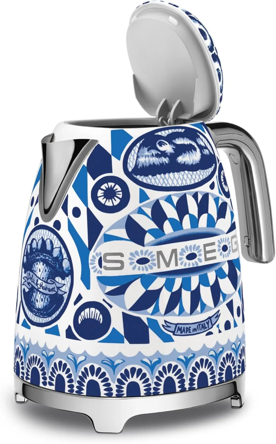 کتری برقی Smeg KLF03DGBUK Dolce & Gabbana، طرح Sicily My Love، ظرفیت 1.7 لیتر با نشانگر سطح آب، پایه چرخان 360 درجه، استیل ضد زنگ، آبی مدیترانه ای، 1 سال گارانتی