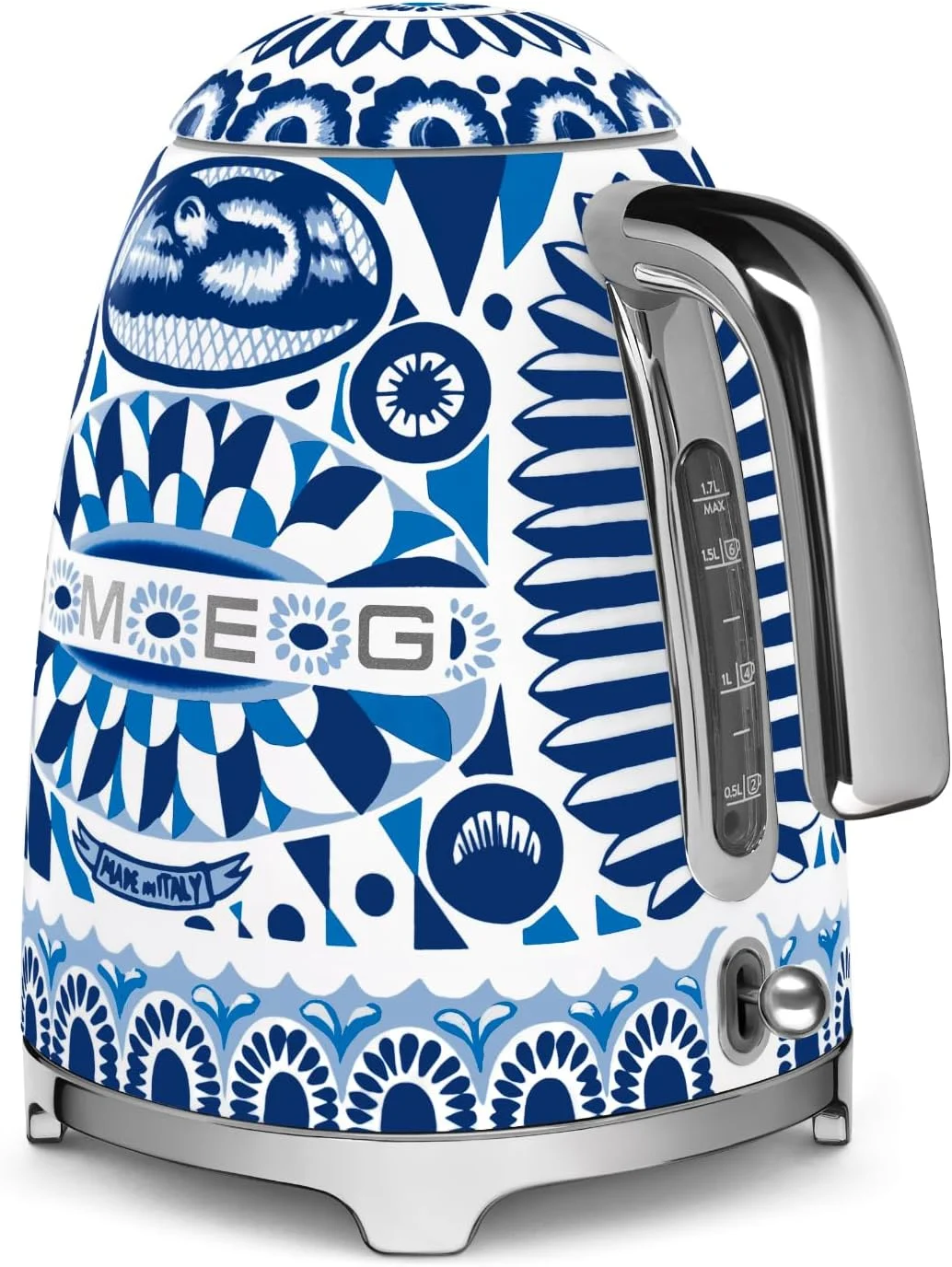 کتری برقی Smeg KLF03DGBUK Dolce & Gabbana، طرح Sicily My Love، ظرفیت 1.7 لیتر با نشانگر سطح آب، پایه چرخان 360 درجه، استیل ضد زنگ، آبی مدیترانه ای، 1 سال گارانتی