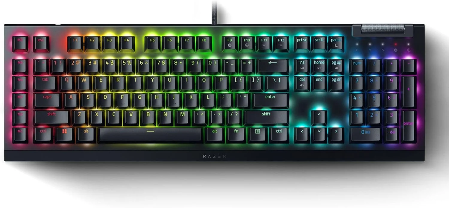 کیبورد گیمینگ مکانیکی Razer BlackWidow V4 X: سوییچ‌های سبز لمسی و کلیکی - 6 کلید ماکرو اختصاصی - Chroma RGB - کلیدهای ABS دابل شات - کنترل‌های رسانه - عایق صدا و تثبیت‌کننده‌ها
