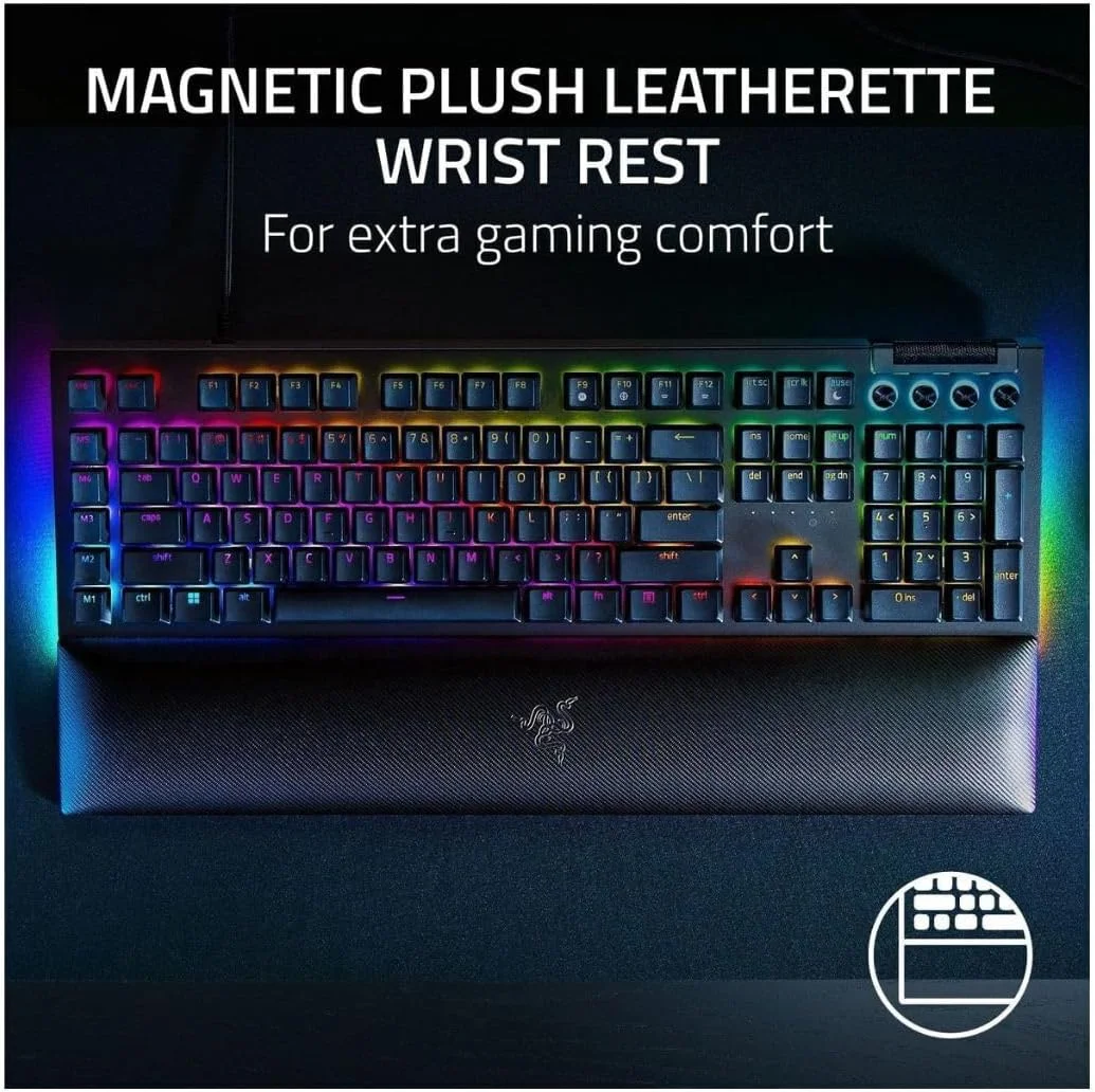 کیبورد گیمینگ مکانیکی سیم دار ریزر BlackWidow V4 سایز کامل با کلید سبز و نورپردازی Chroma RGB مدل RZ03-04690200 کیبورد گیمینگ مکانیکی سیم دار ریزر BlackWidow V4 سایز کامل با کلید سبز و نورپردازی Chroma RGB مدل RZ03-04690200