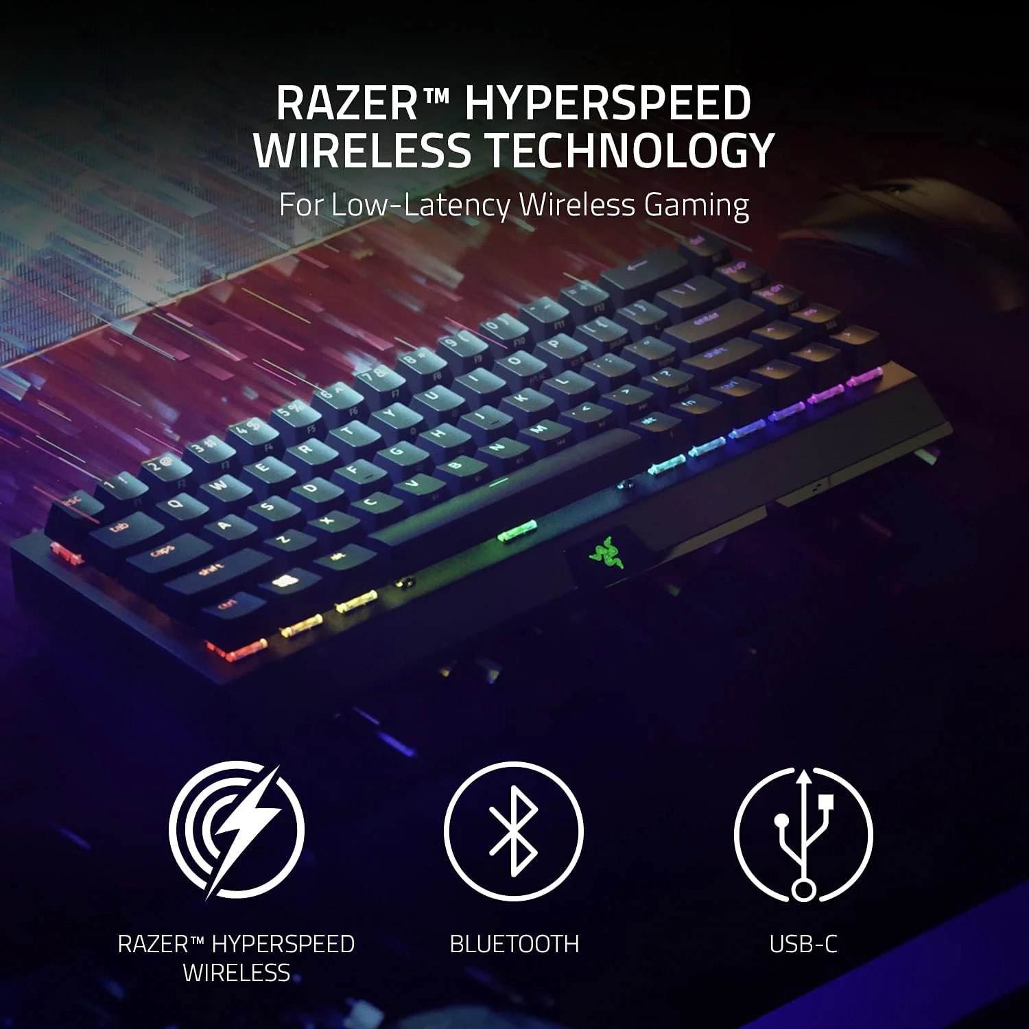 کیبورد گیمینگ مکانیکی بی سیم 65% Razer BlackWidow V3 Mini HyperSpeed: فناوری بی سیم HyperSpeed - سوییچ های مکانیکی سبز - لمسی و کلیکی - کلیدهای ABS با قالب گیری دوبل - 200 ساعت عمر باتری