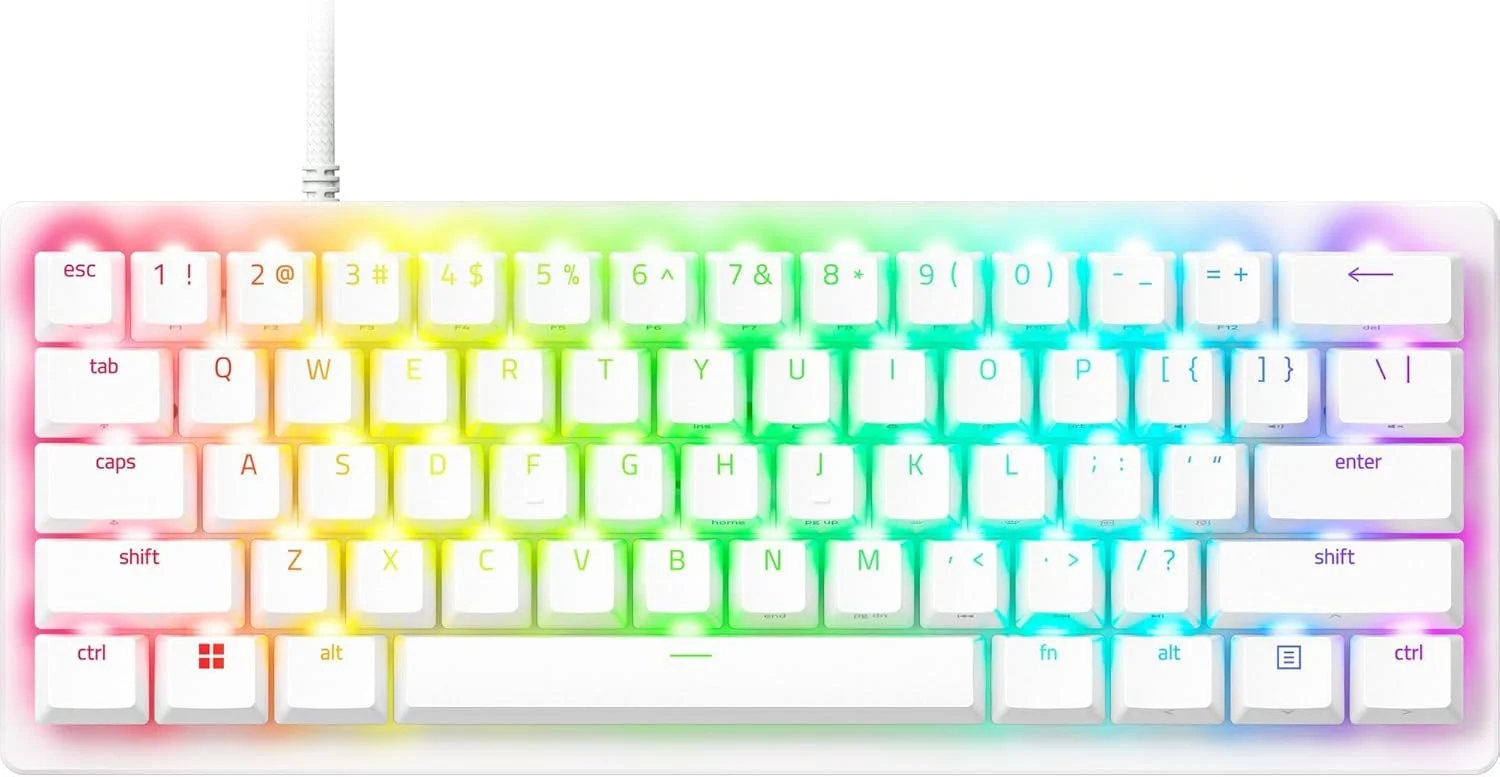 کیبورد گیمینگ Razer Huntsman V3 Pro Mini 60% Esports: سوییچ‌های اپتیکال آنالوگ Snap Tap، Rapid Trigger، Actuation قابل تنظیم، کلیدهای Mod دو منظوره، کلیدهای Doubleshot PBT - سفید - طرح‌بندی US