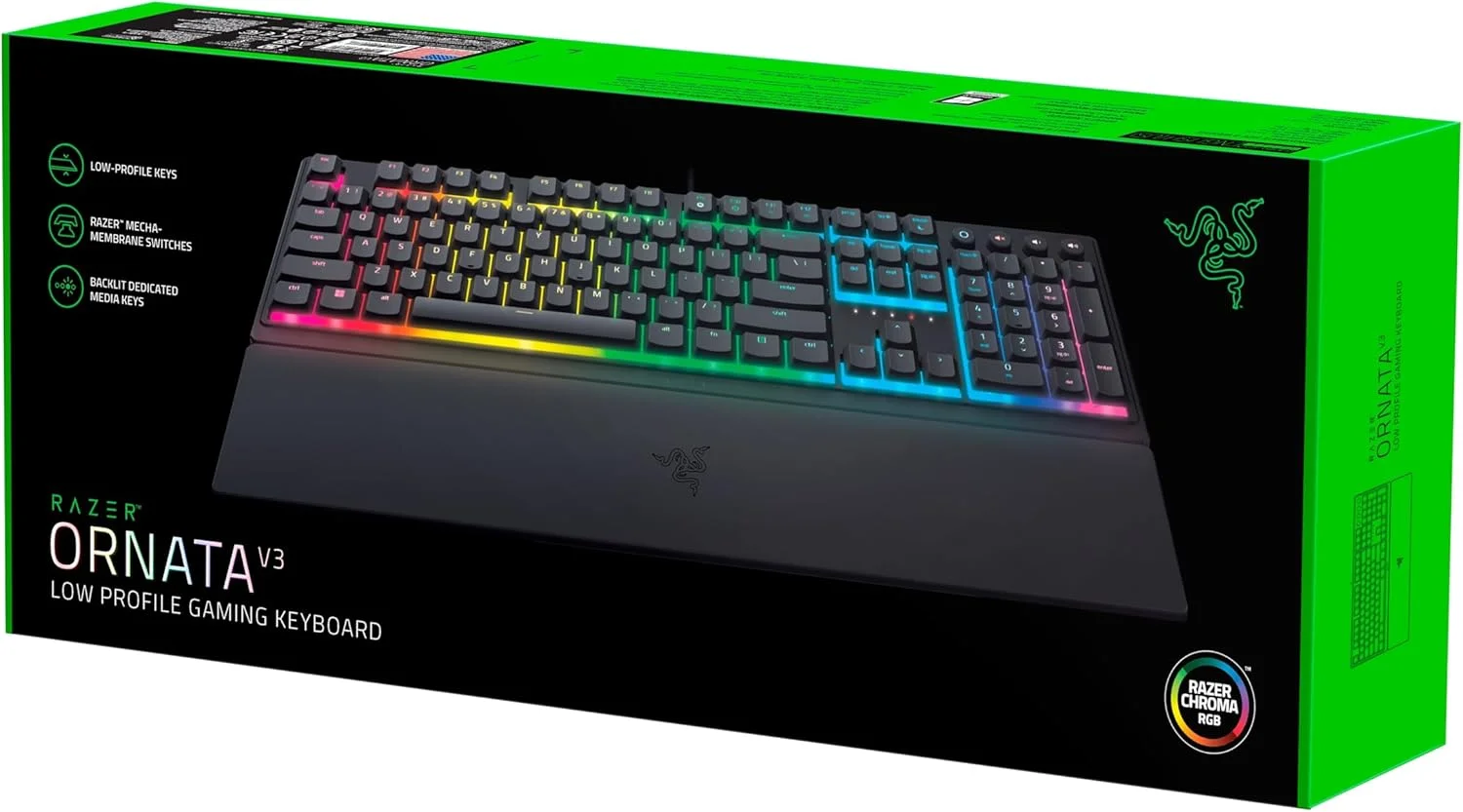 کیبورد گیمینگ ریزر Ornata V3 با پروفایل پایین، نورپردازی Razer Chroma RGB و سوییچ‌های Mecha-Membrane (سوییچ هیبریدی Mecha-Memcha، روکش کلید UV، استراحتگاه مچی مغناطیسی نرم، RGB)، طرح‌بندی IT، مشکی