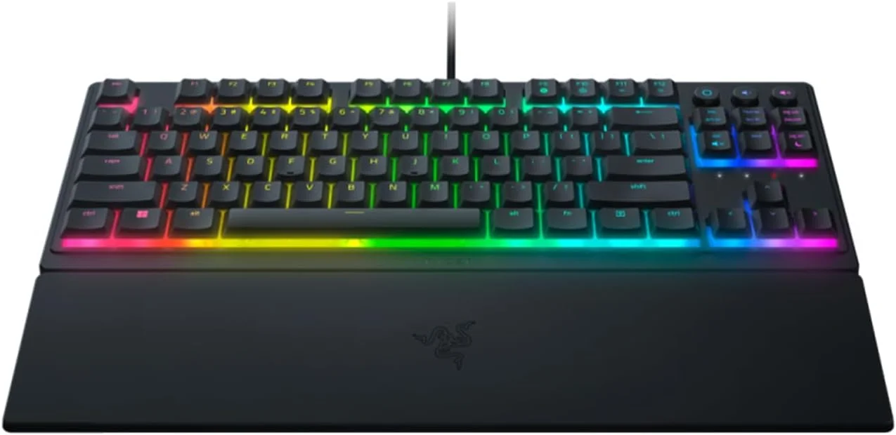 کیبورد گیمینگ ریزر Ornata V3 Tenkeyless - کم حجم و باریک (سوییچ های Mecha-Membrane، کلیدهای با پوشش UV، کلیدهای رسانه اختصاصی با نور پس زمینه، استراحتگاه مچی نرم و مغناطیسی) طرح بندی UK | مشکی